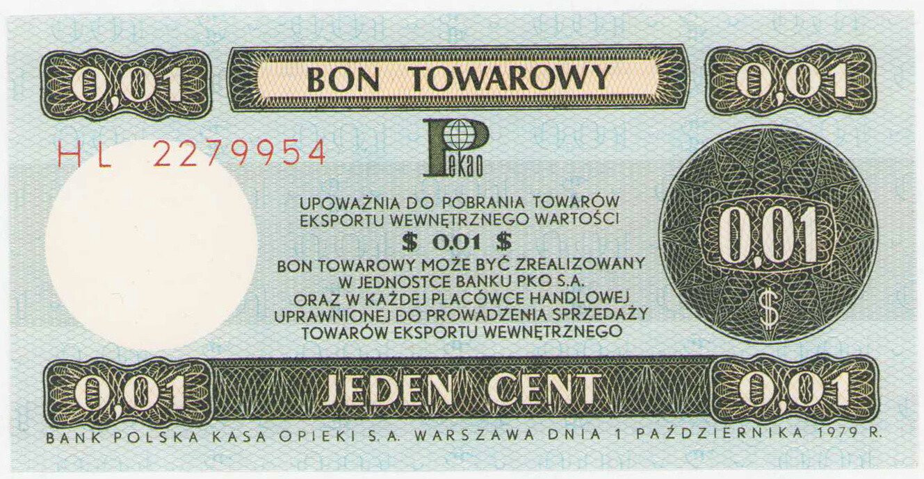 Bon Towarowy. Bank PeKaO, 1 cent 1979 seria HL - PIĘKNE