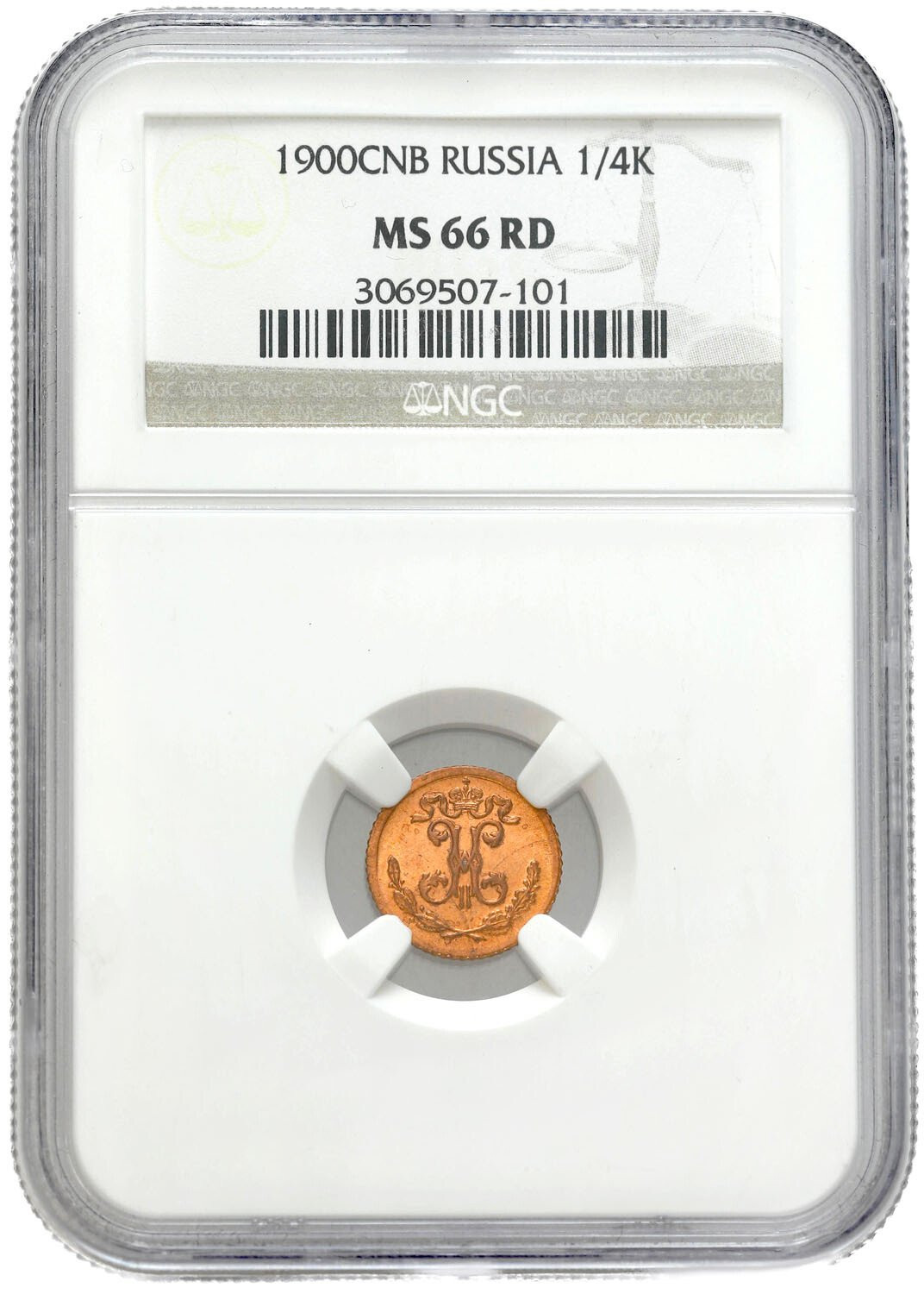 Rosja. Mikołaj II. 1/4 kopiejki 1900 СПБ, Petersburg NGC MS66 RD (2 MAX) - CZERWONE