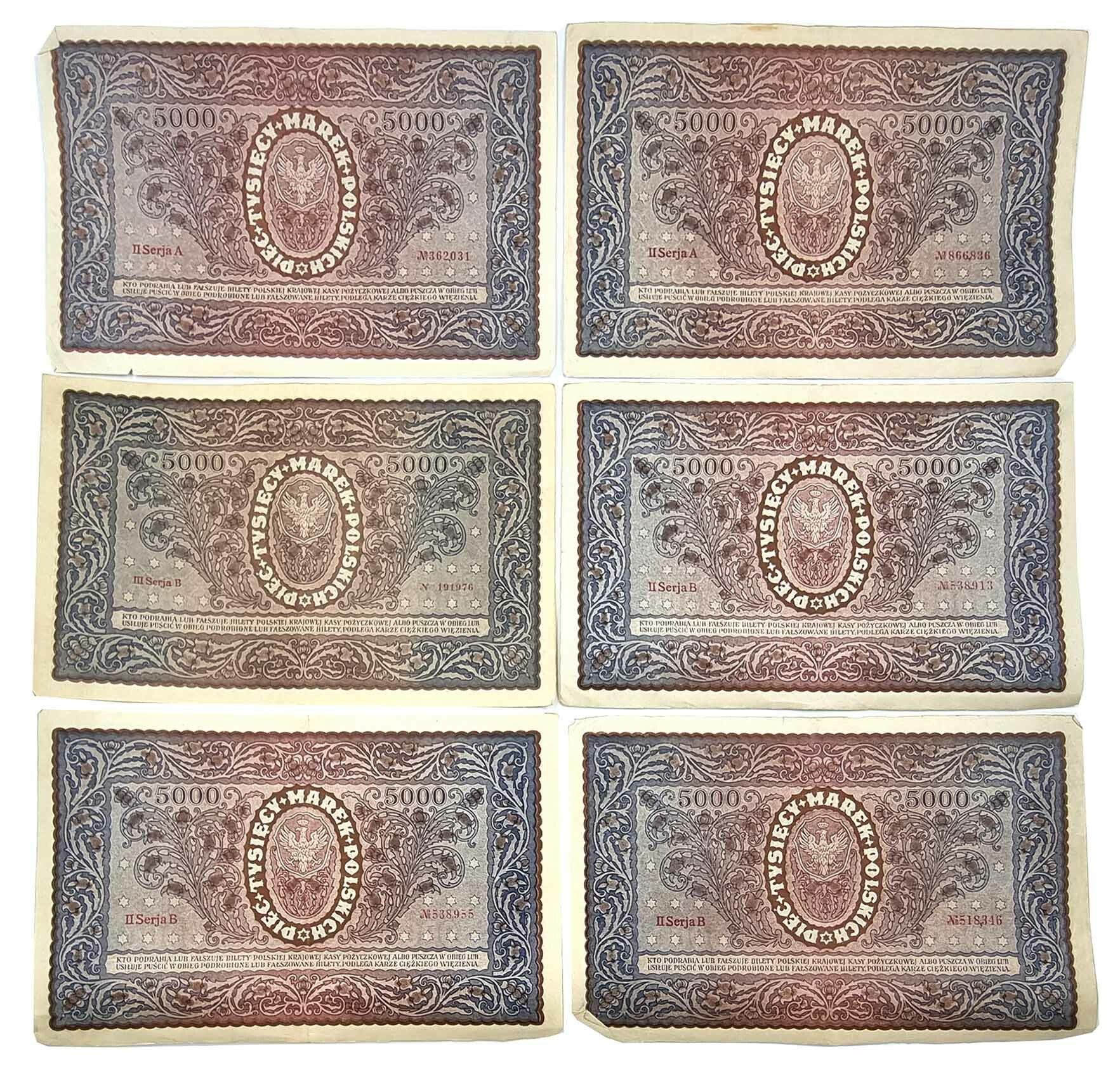 5.000 marek polskich 1920, różne serie, zestaw 6 banknotów