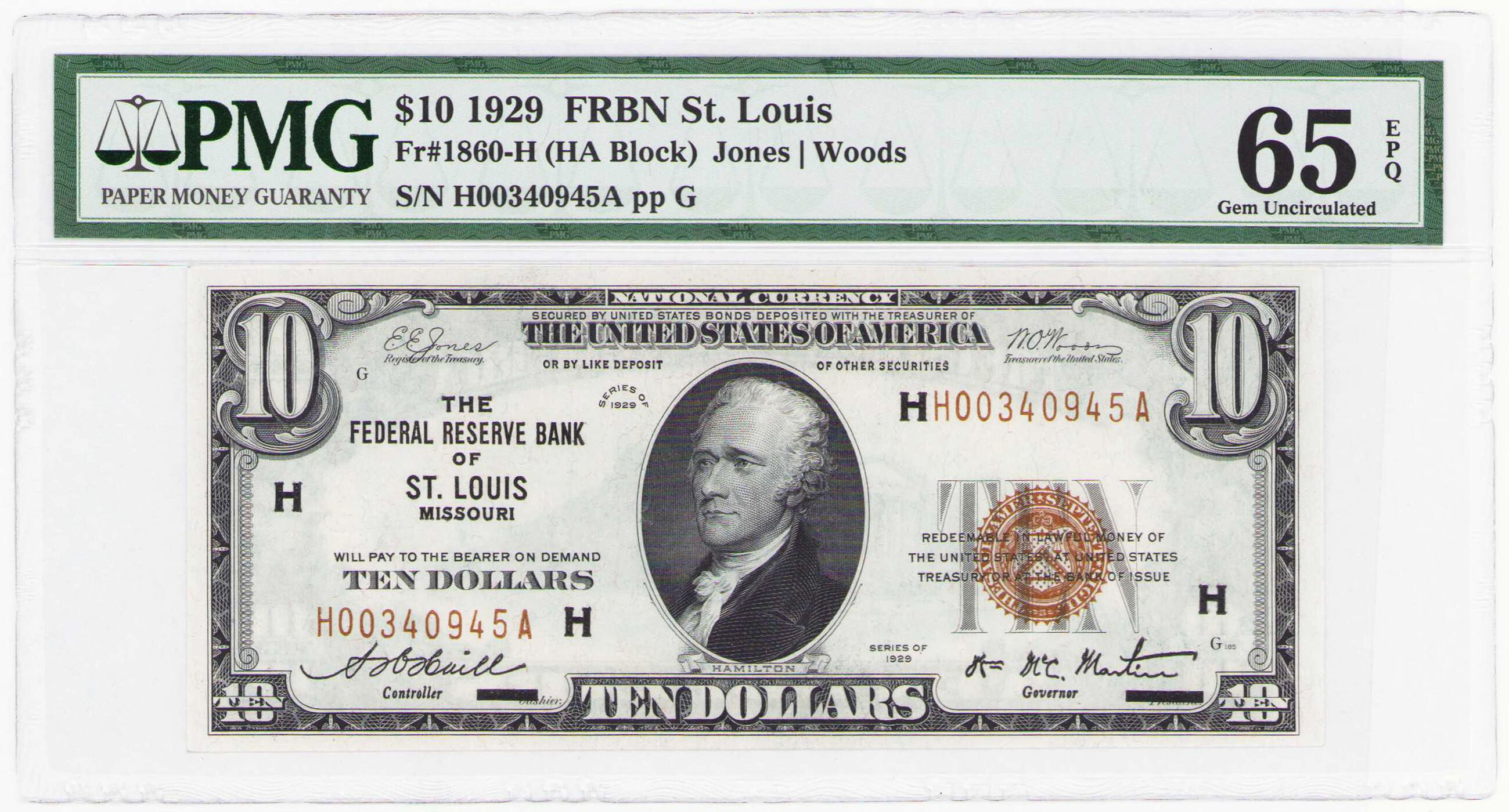 USA. The Federal Reserve Bank of St. Louis – Missouri, 10 dolarów 1929 PMG 65 EPQ