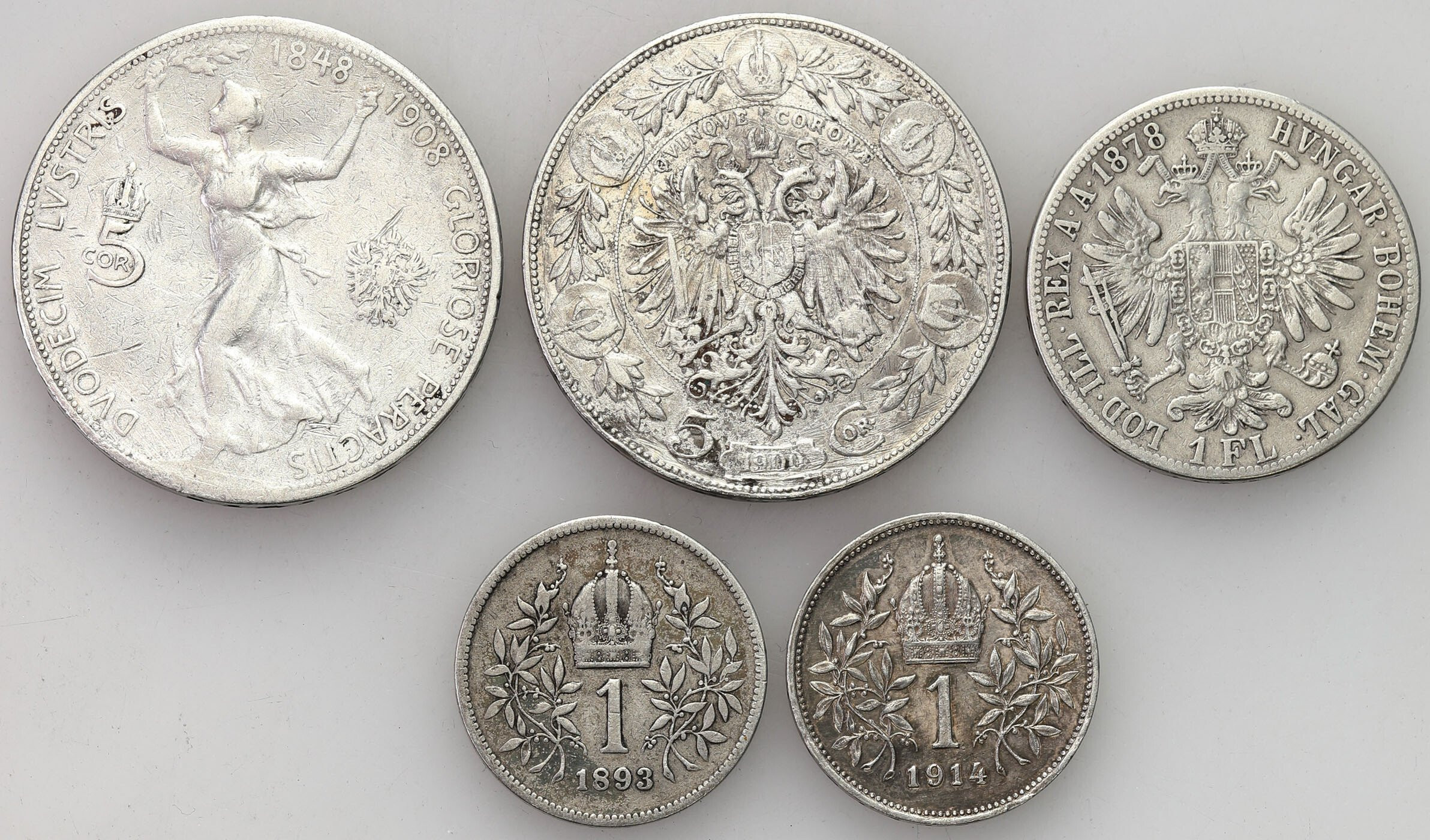 Austria. 1 - 5 koron, floren 1897-1914, Wiedeń, zestaw 5 monet