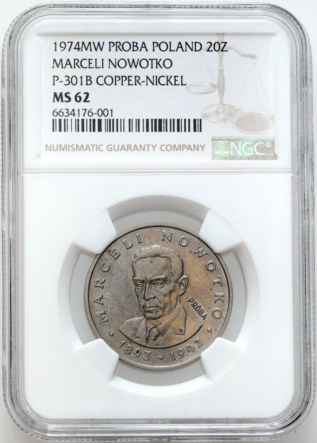 PRL. PRÓBA miedzionikiel 20 złotych 1974 Marceli Nowotko, NGC MS62 - Nakład 20 sztuk - RZADKOŚĆ