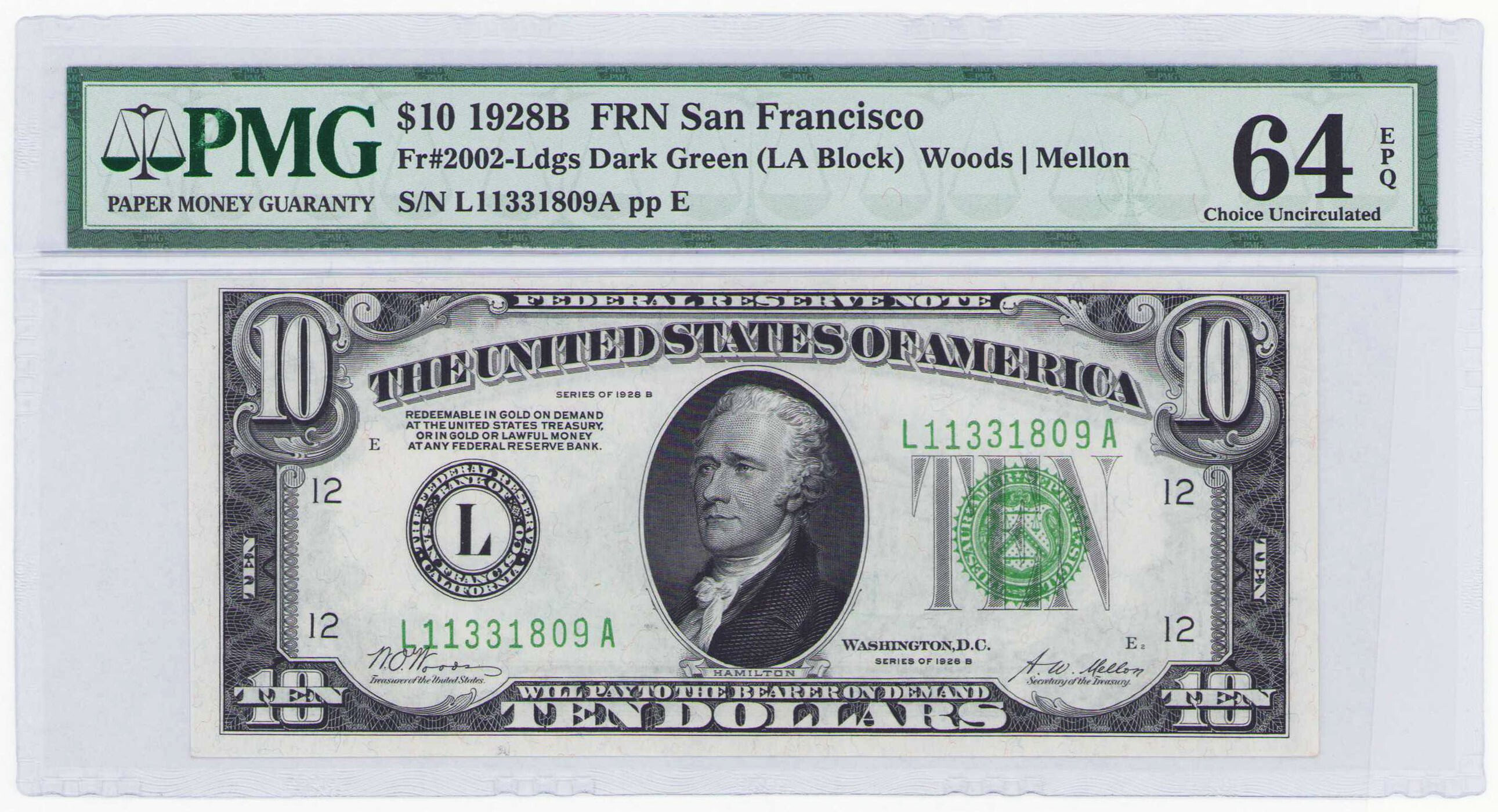 USA, Federal Reserve Note Sab Francisco-Kalifornia. 10 dolarów 1928B PMG 64 EPQ