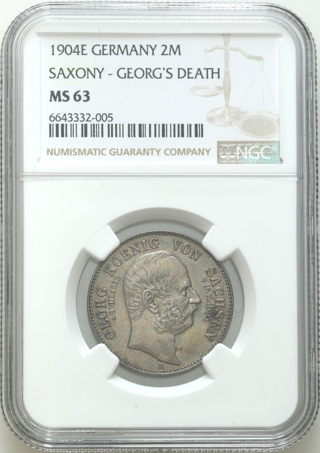 Niemcy, Saksonia. Jerzy (1902-1904). 2 marki 1903 E, Muldenhütten NGC MS63 - PIĘKNE