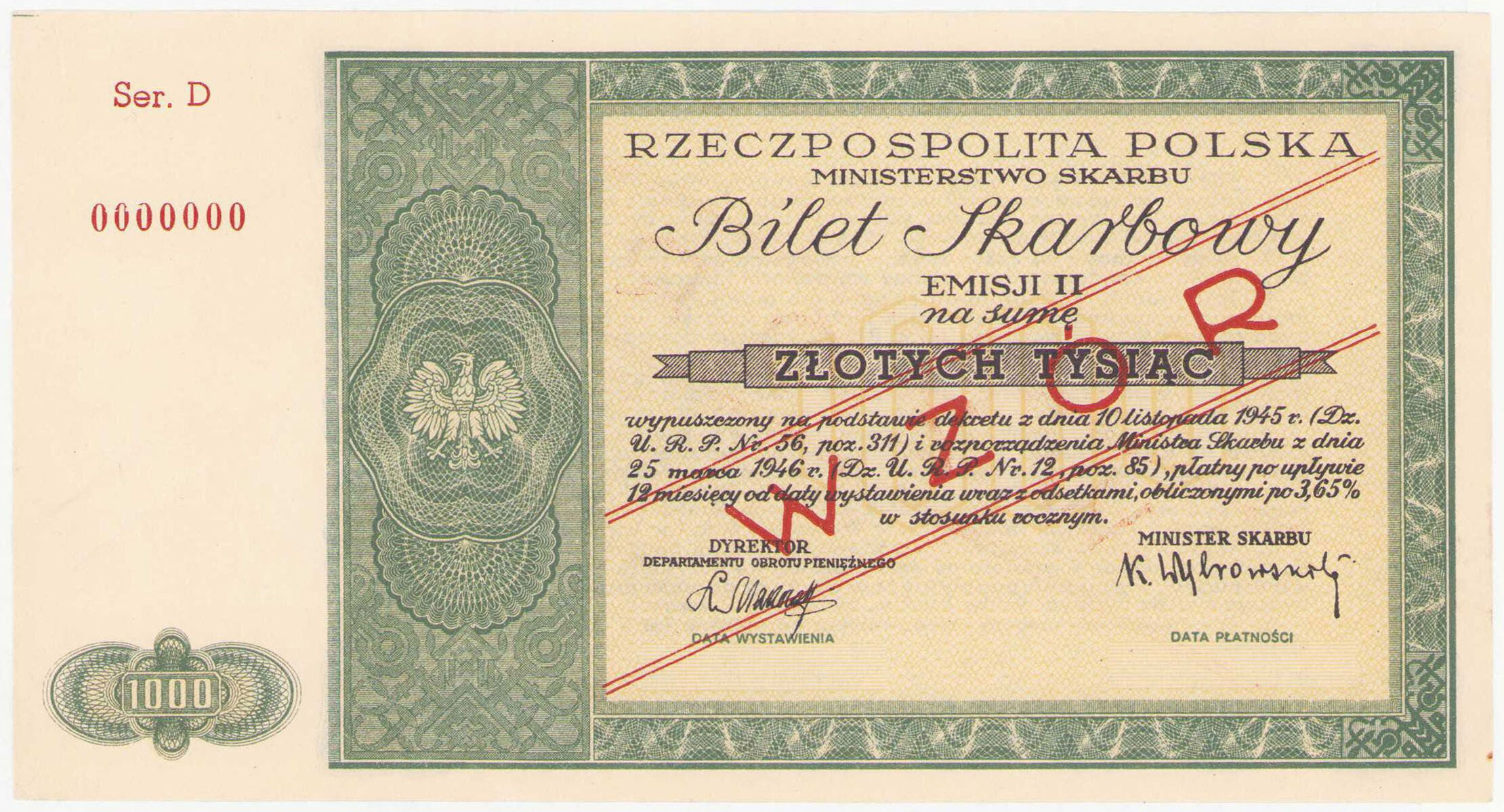 Bilet Skarbowy. WZÓR 1.000 złotych emisja 1946 seria D - RZADKOŚĆ R8