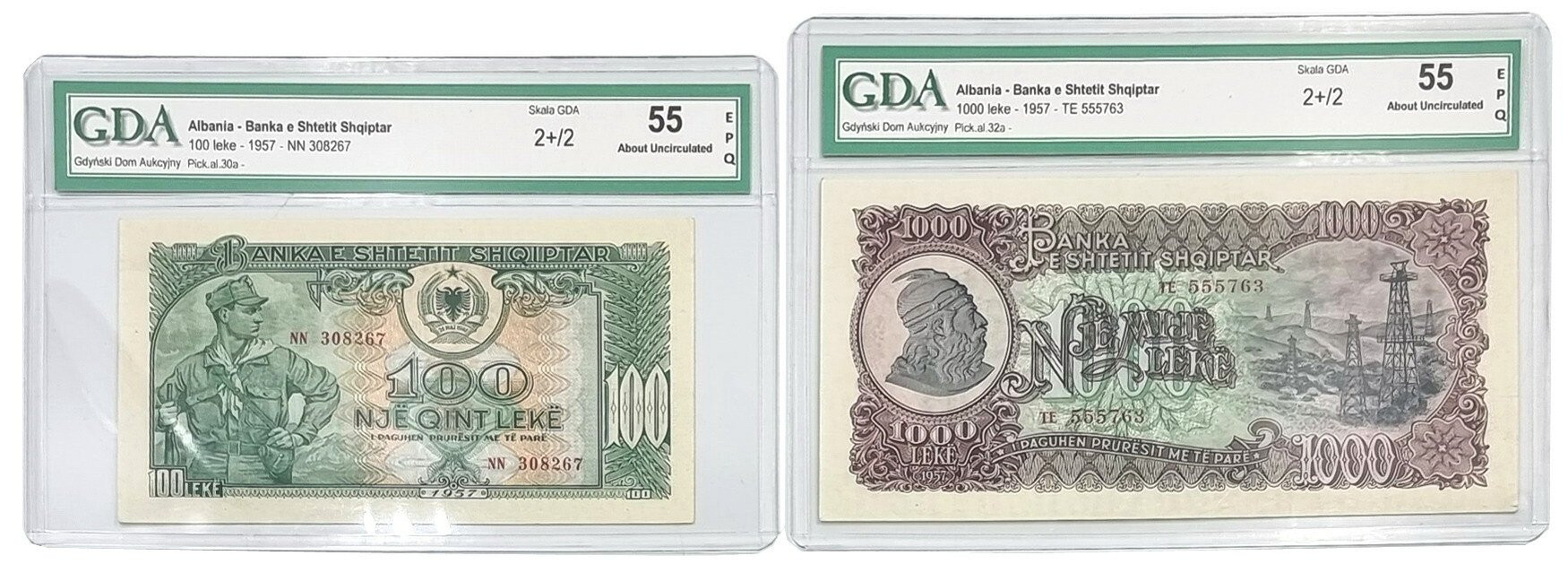 Albania. 100 i 1.000 leke 1957, zestaw 2 banknotów