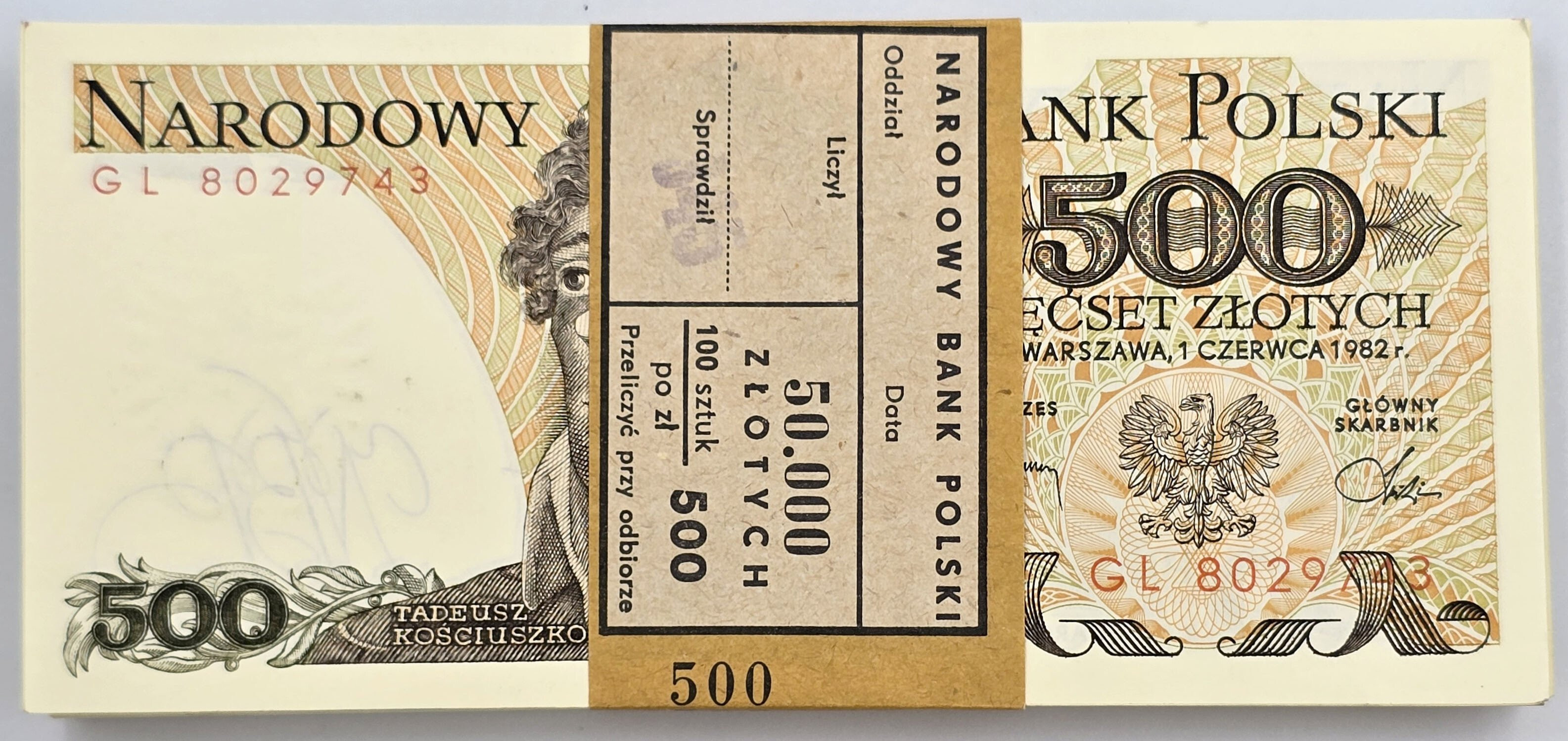 PRL. 500 złotych 1982 Kościuszko seria GL, zestaw 100 sztuk - PACZKA BANKOWA