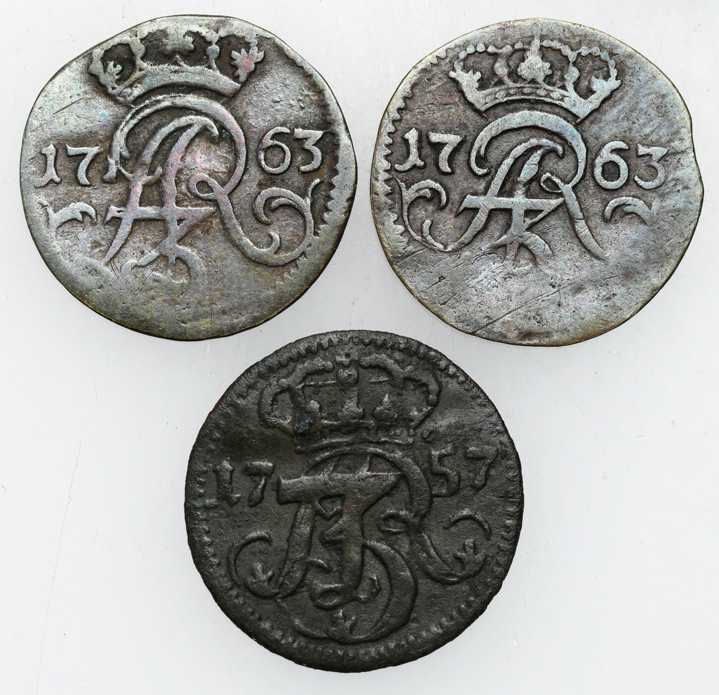 August III Sas. Szeląg 1757 Gdańsk, szeląg 1763 Elbląg - zestaw 3 monet 