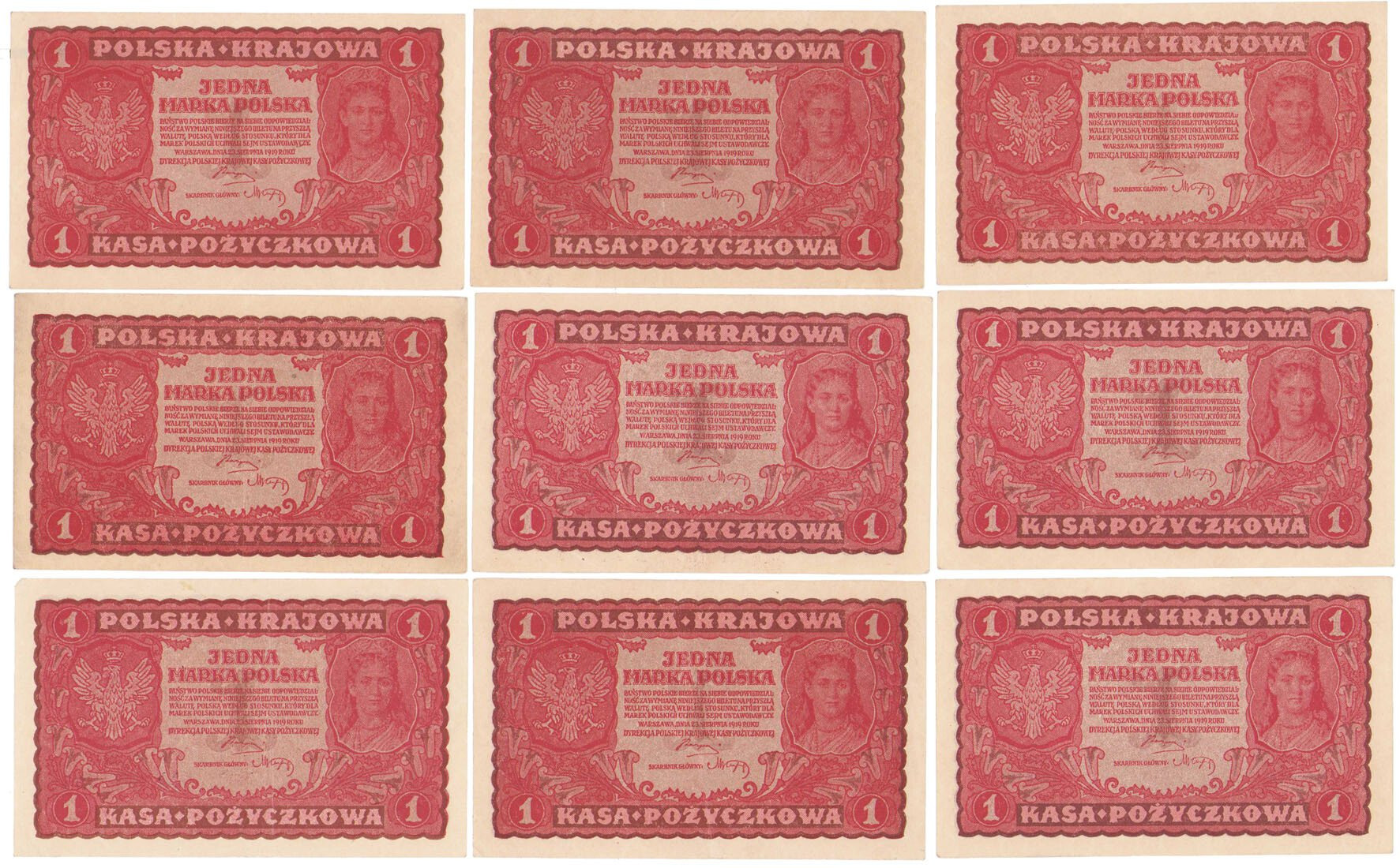 1 marka polska 1919 – zestaw 9 banknotów