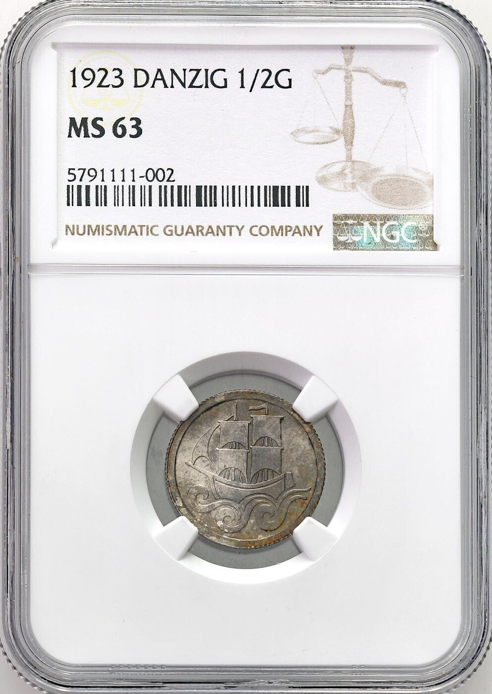 Wolne Miasto Gdańsk. 1/2 guldena 1923 NGC MS63 – PIĘKNE