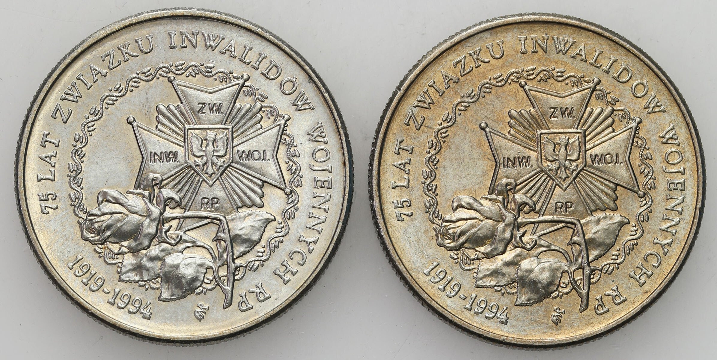 III RP. 20.000 złotych 1994 75 lat Związku Inwalidów Wojennych RP, zestaw 2 sztuk 