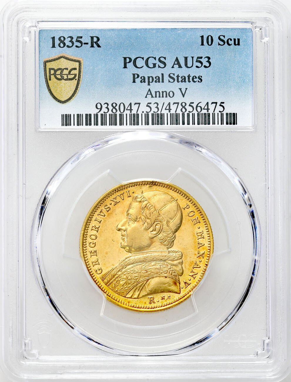 Watykan. Grzegorz XVI (1831–1846). 10 scudo 1835 (ANNO V) R, Rzym PCGS AU53