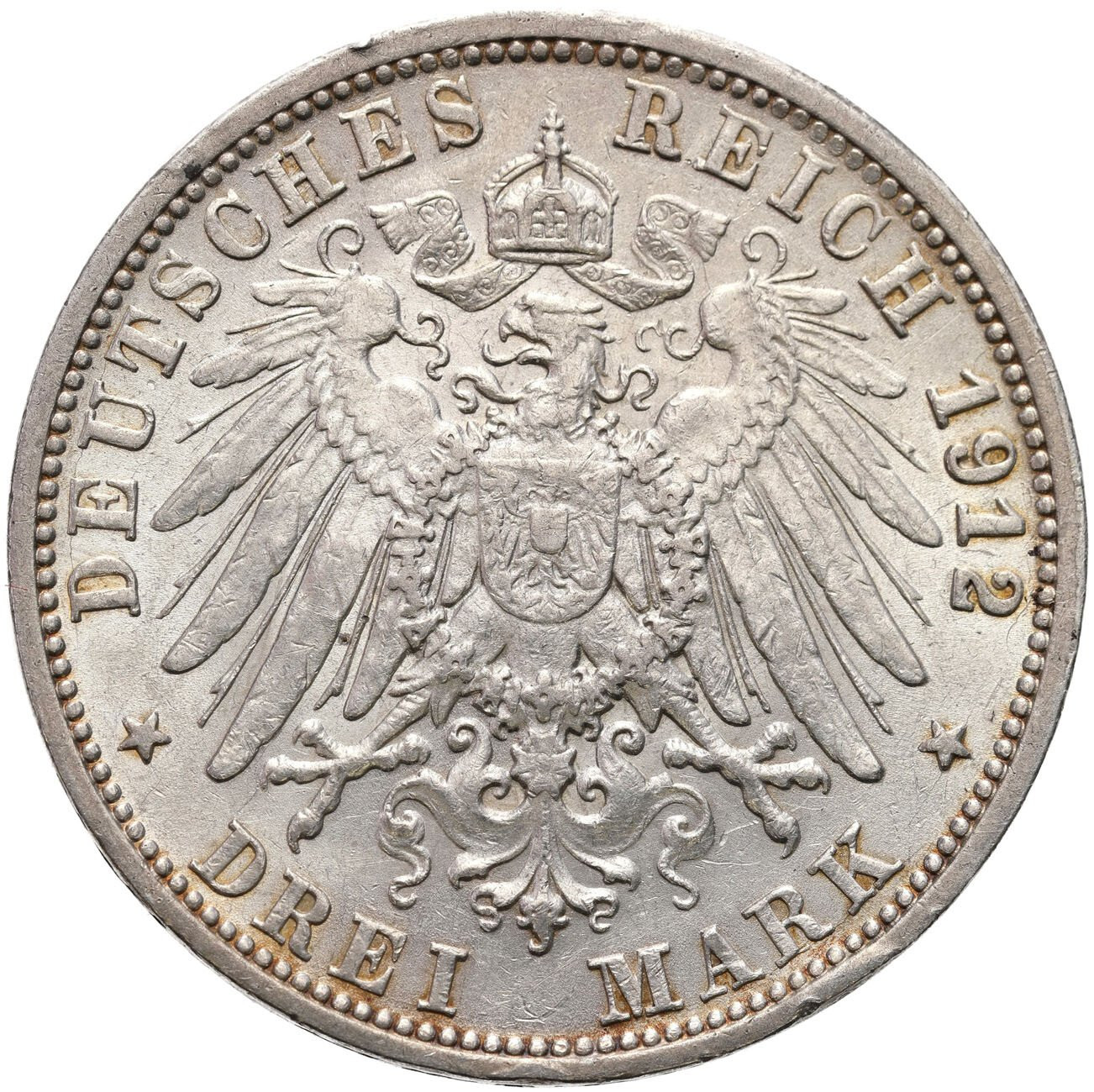 Niemcy, Wirtembergia. Wilhelm II (1891–1918). 3 marki 1912 F, Stuttgart