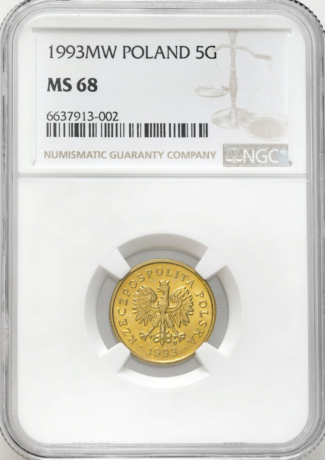 III RP. 5 groszy 1993 NGC MS68 – PIĘKNE