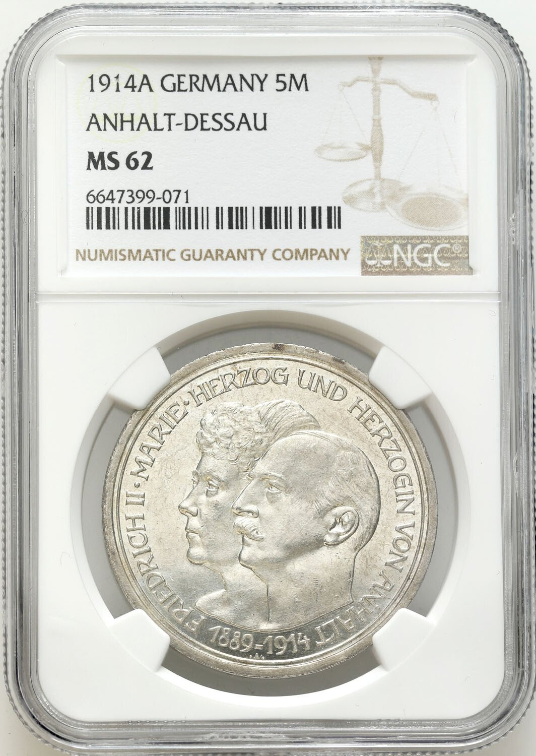 Niemcy, Anhalt - Dessau. Fryderyk II (1904–1918). 5 marek 1914, Berlin NGC MS62 - PIĘKNE