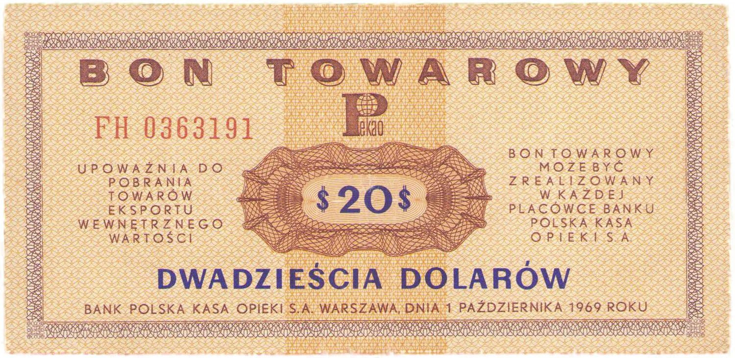 Bon towarowy na 20 dolarów 1969 seria FH