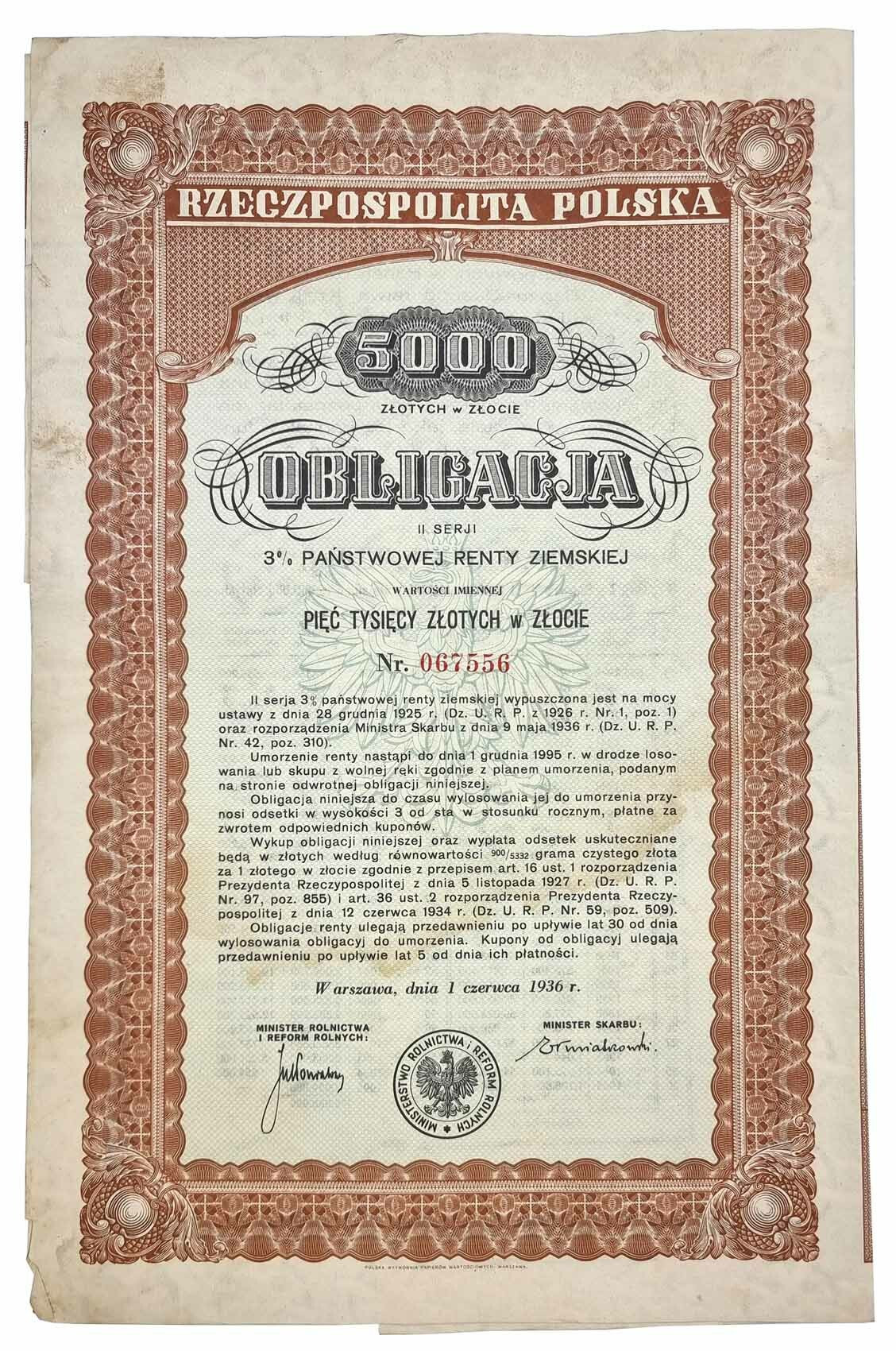 Obligacja 3 % Państwowej Renty Ziemskiej na 5.000 złotych w złocie 1925, Warszawa – RZADKA