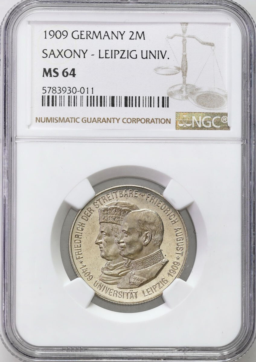 Niemcy, Saksonia. 2 marki 1909 Uni. Leipzig, Muldenhütten NGC MS64