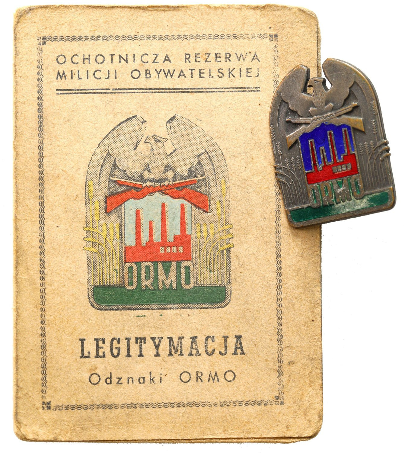 Odznaka ORMO duża z legitymacją z 1954 