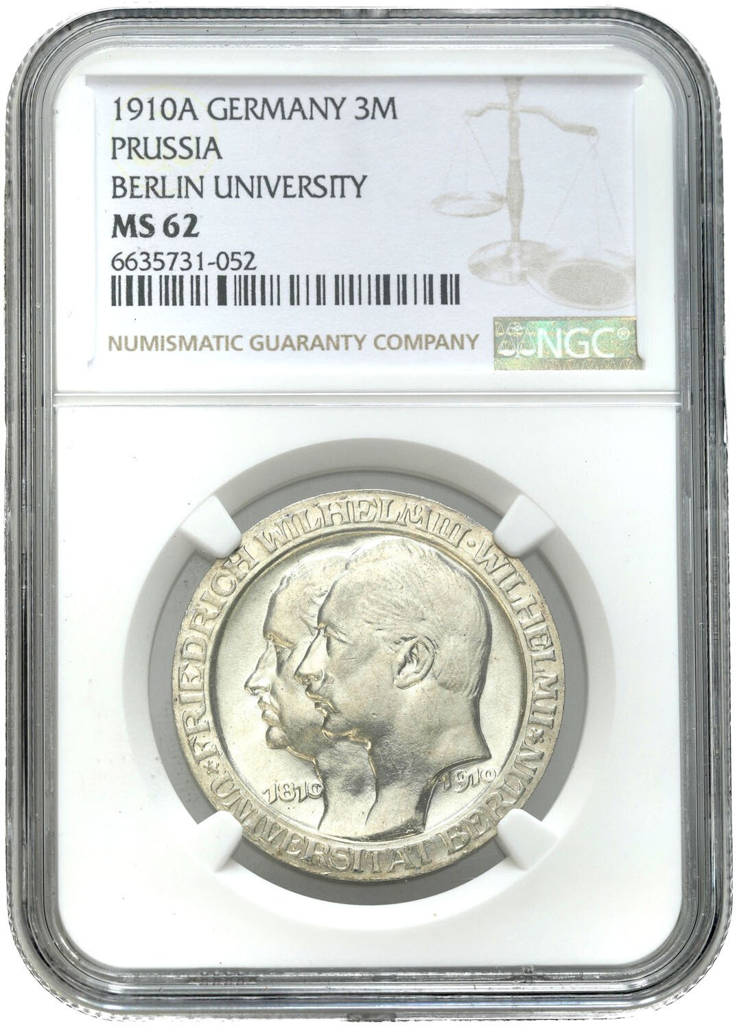 Niemcy, Prusy. 3 marki 1910 A, Uniwersytet Berlin NGC MS62