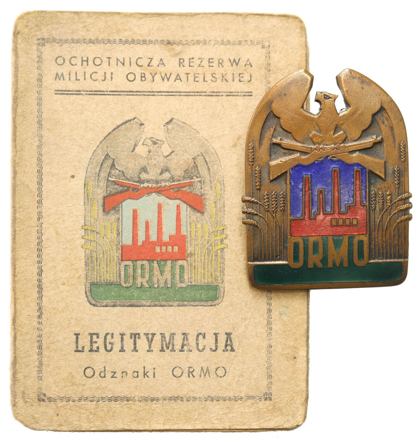 Odznaka ORMO bardzo duża z legitymacją z 1952 