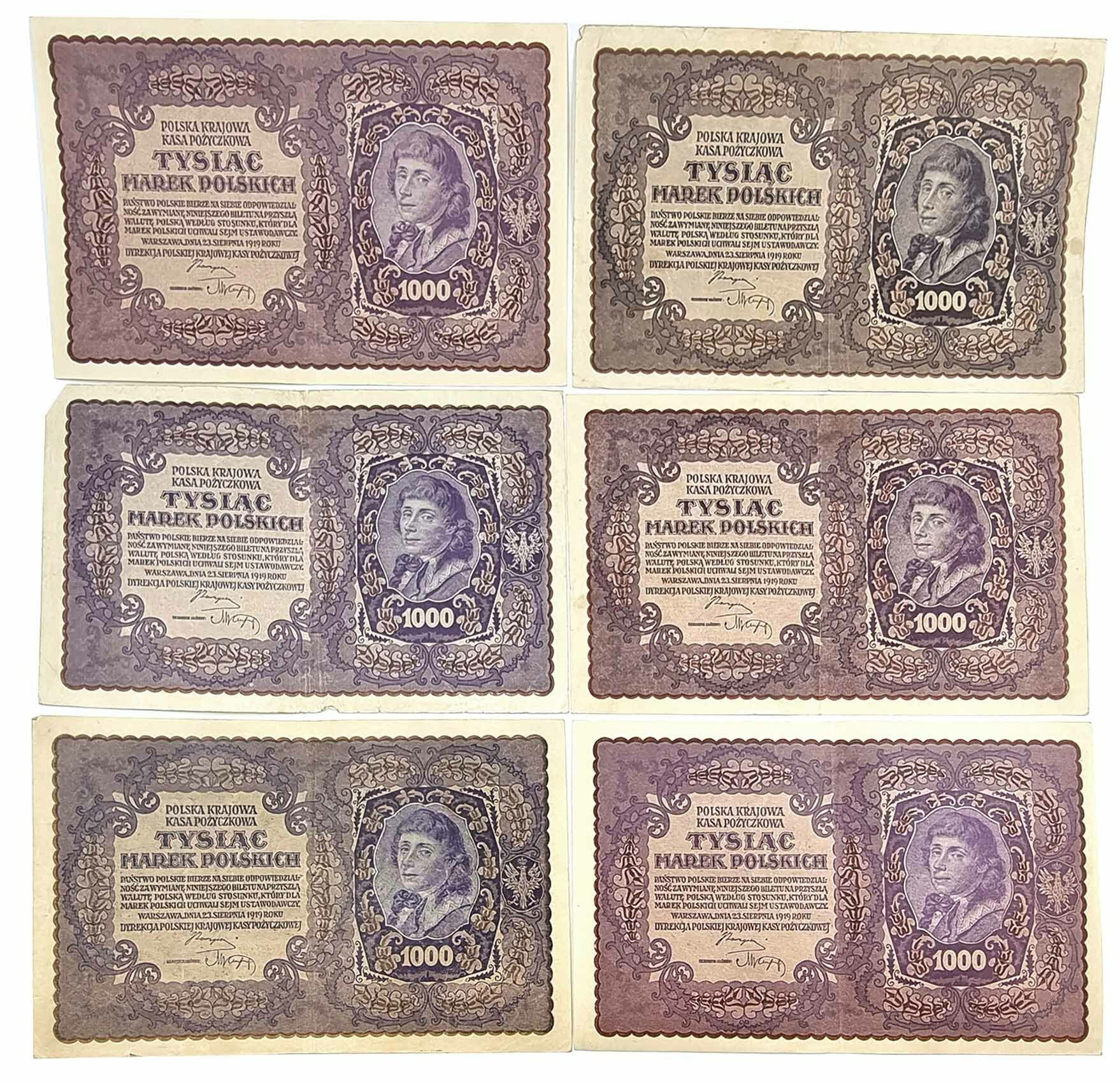1.000 marek polskich 1919, różne serie zestaw 6 banknotów