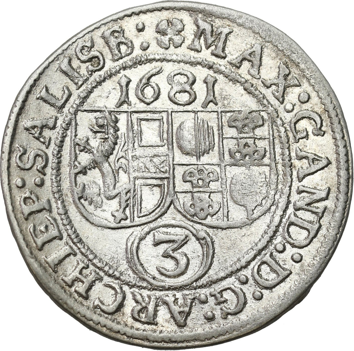 Austria, Salzburg. 3 krajcary 1681, Salzburg - PIĘKNE