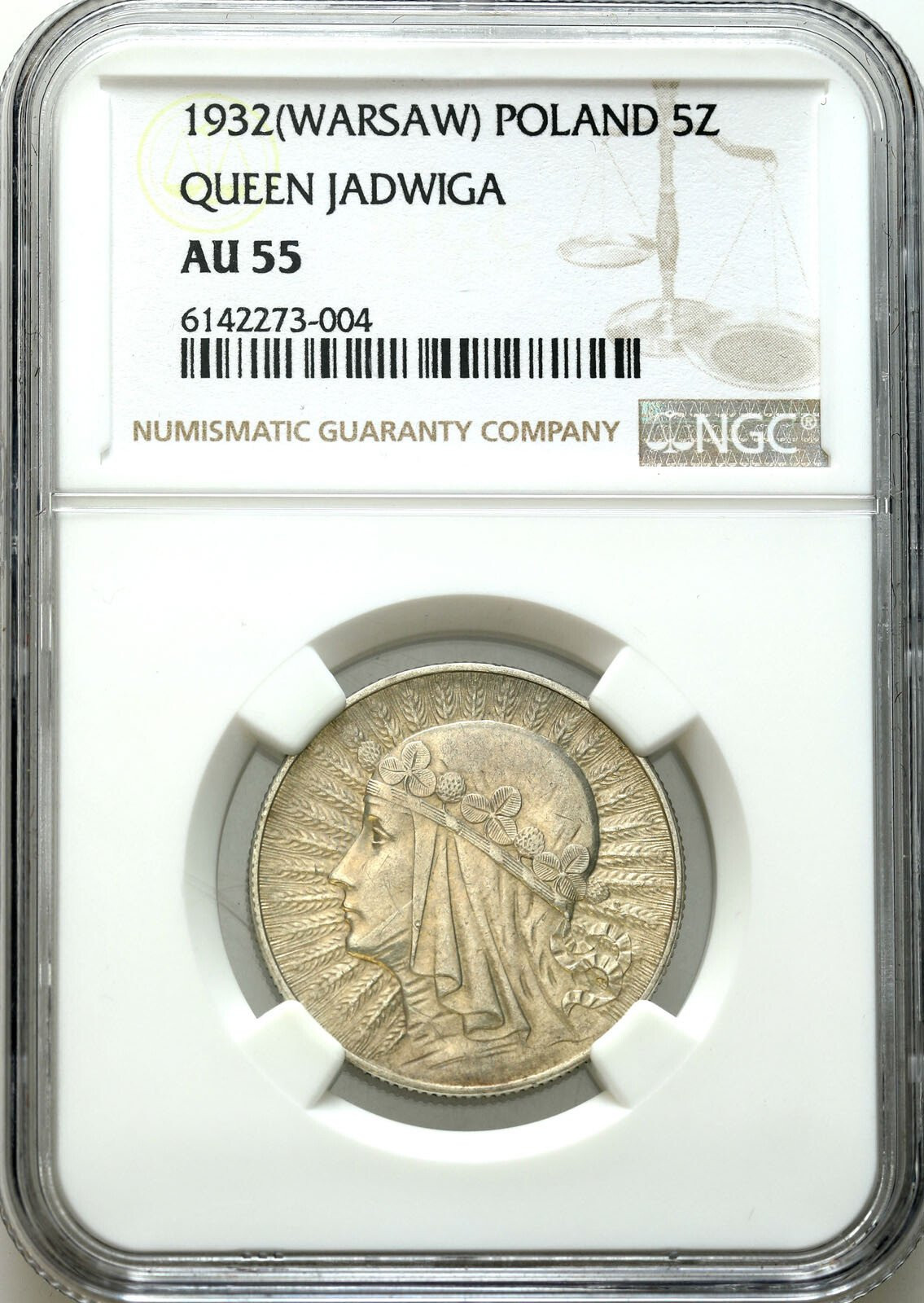II RP. 5 złotych 1932 głowa kobiety, ze ZNAKIEM MENNICY NGC AU55