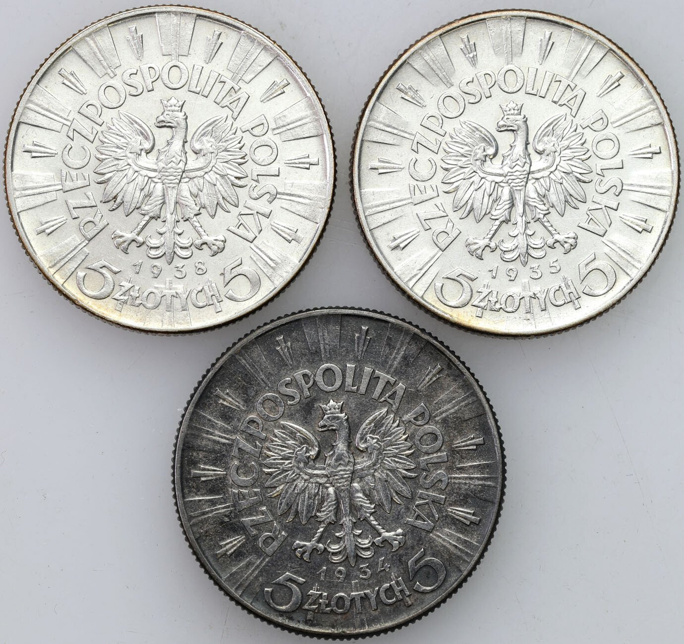 II RP. 5 złotych 1934-1938 Piłsudski, 3 sztuki – RZADSZE