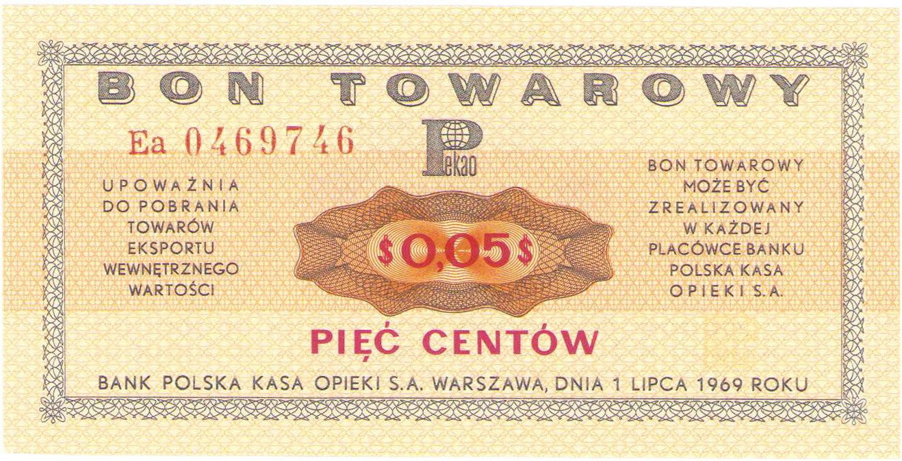 Bank PEKAO S.A. Bon na 5 centów 1969 seria Ea - PIĘKNE