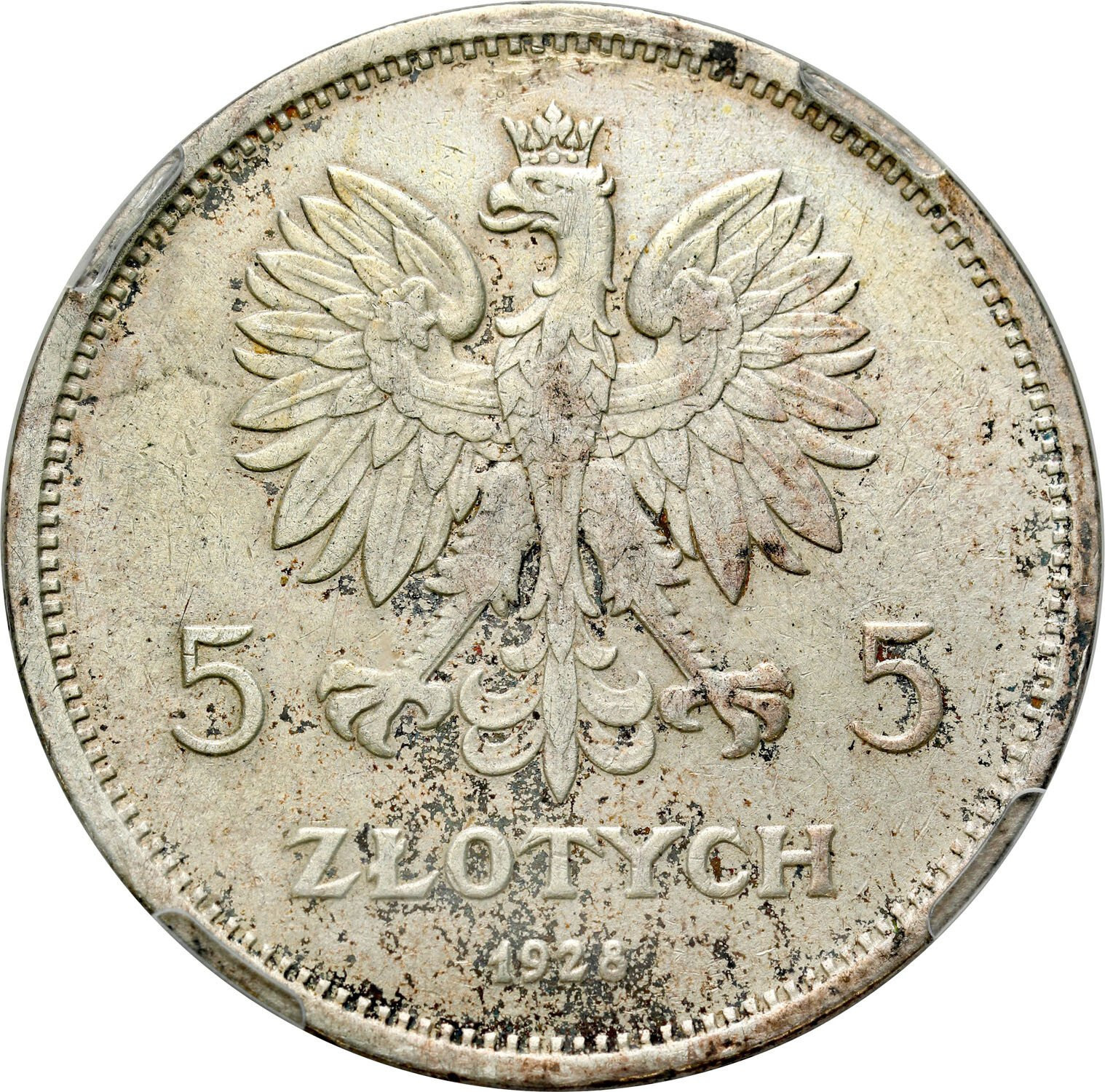 II RP. 5 złotych 1928 Nike (bez znaku mennicy) NCS XF DETAILS