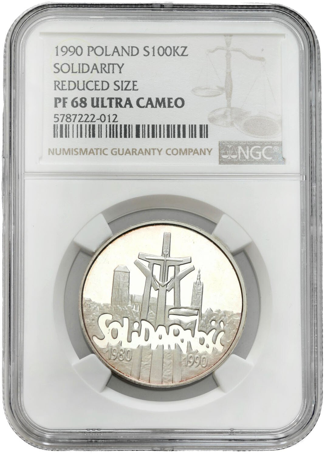 III RP. 100.000 złotych 1990 Solidarność gruba 32 mm NGC PF68 ULTRA CAMEO