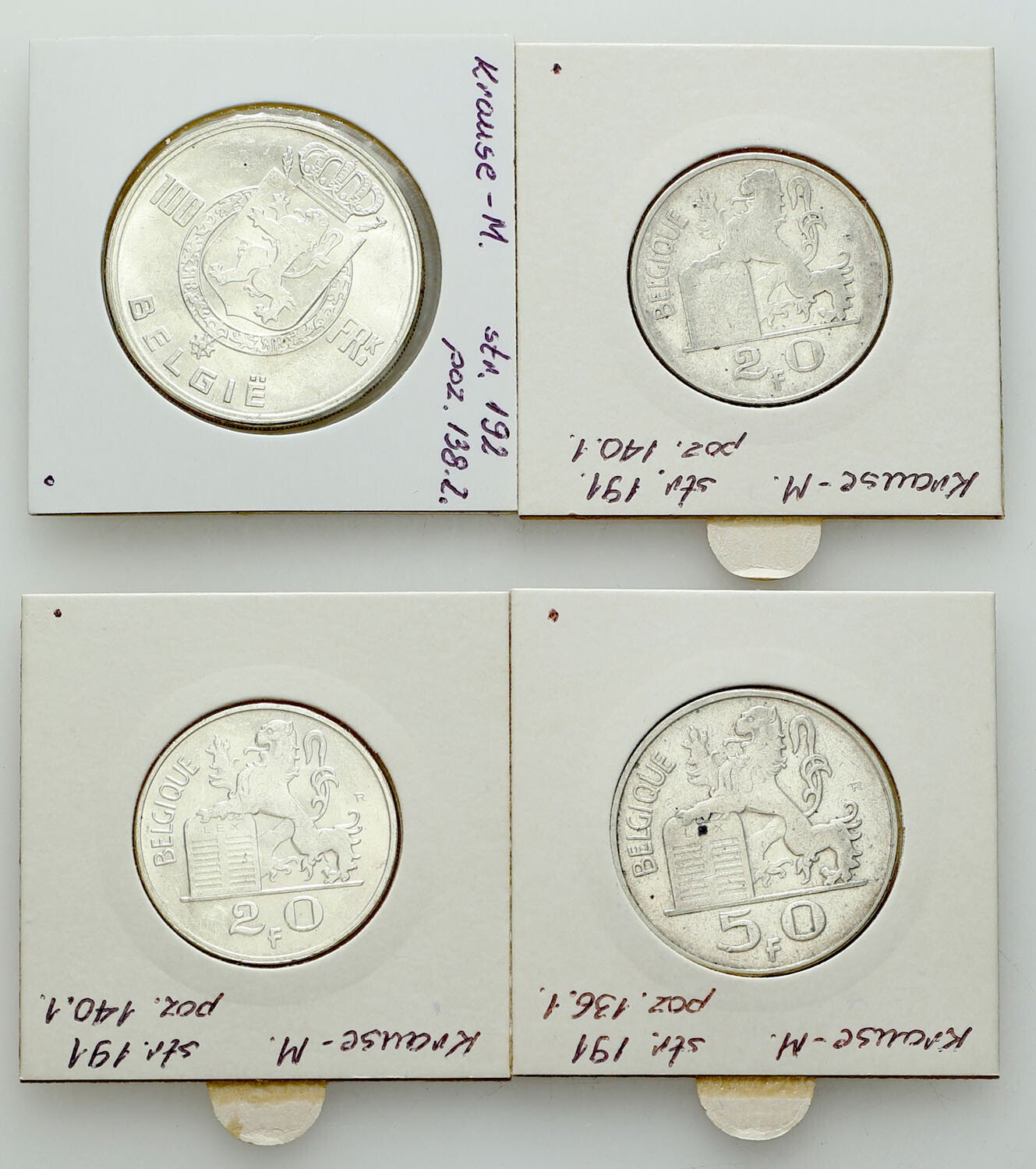 Belgia. 20 - 100 franków 1949-1953, zestaw 4 sztuk