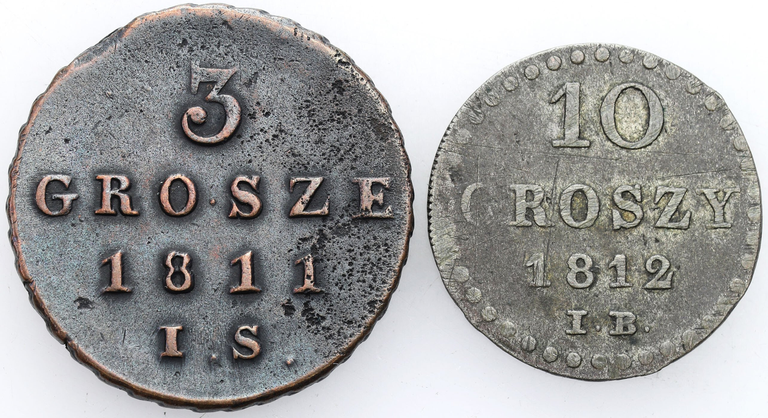 Księstwo Warszawskie. 3 grosze (trojak) 1811 IS + 10 groszy 1812 IB, Warszawa