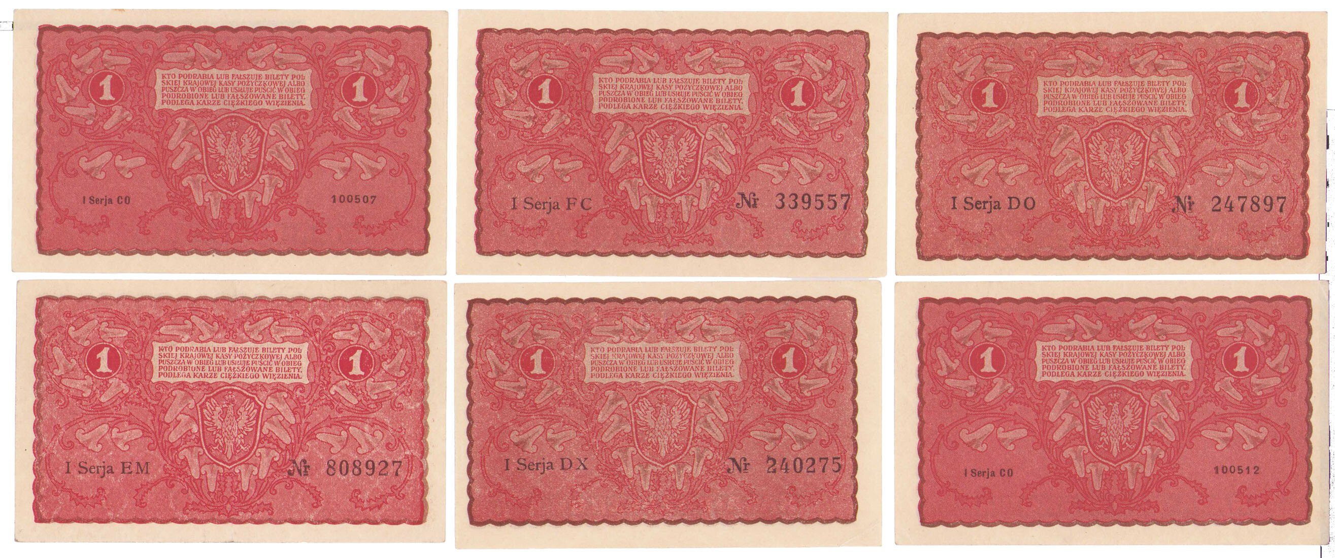 1 marka polska 1919 – zestaw 6 banknotów