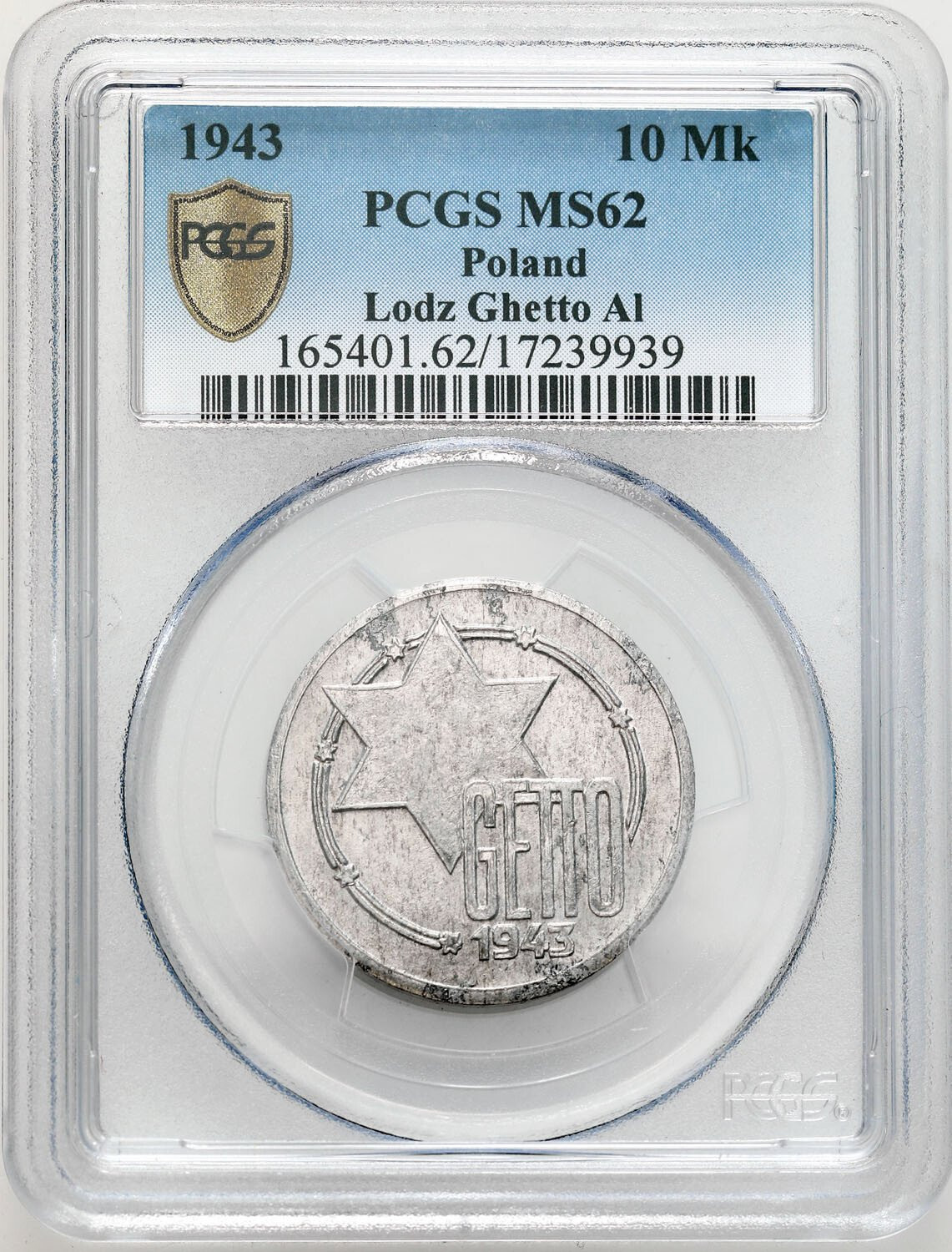 Getto Łódź. 10 marek 1943 Getto aluminium PCGS MS62 - PIĘKNE