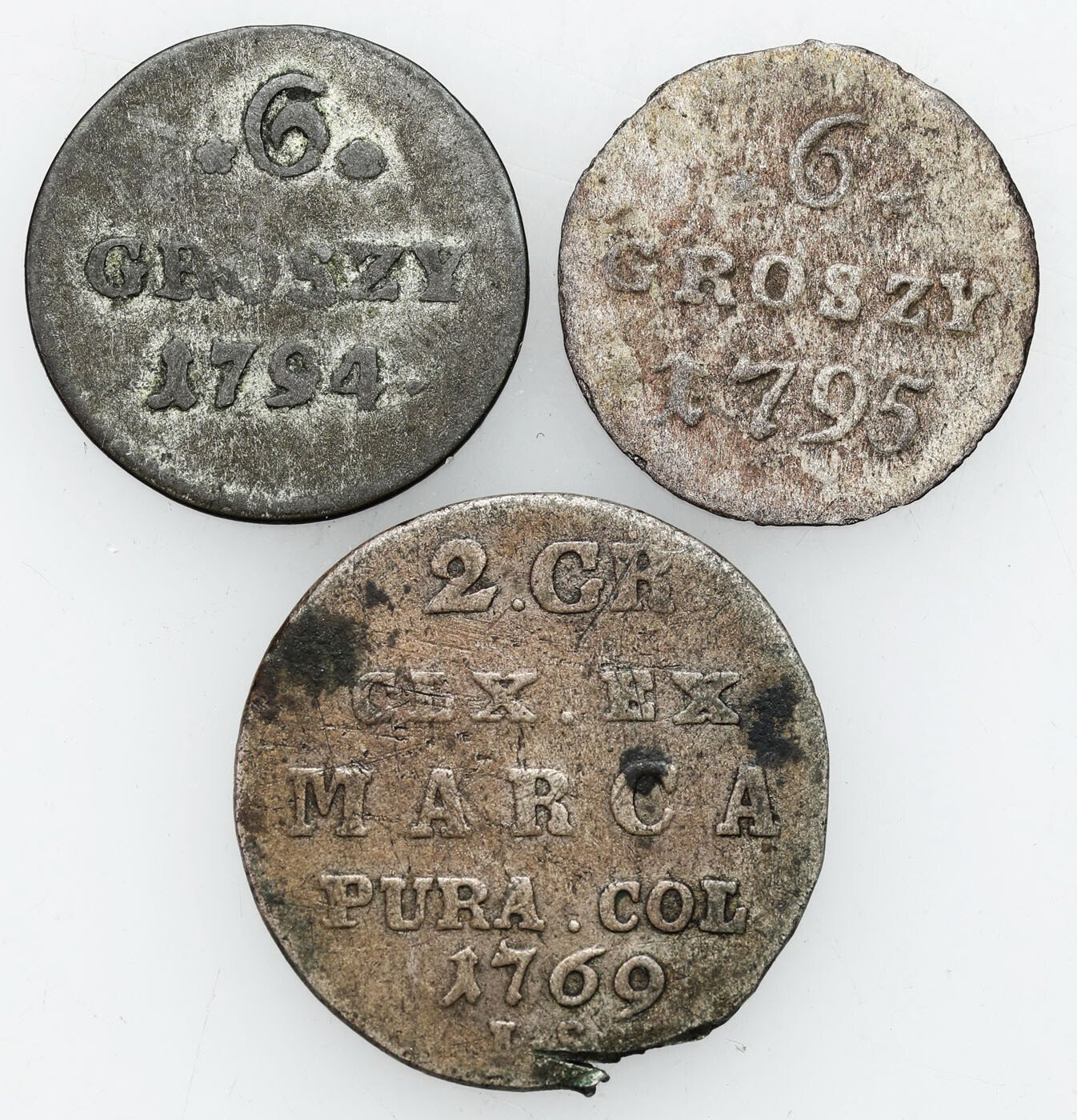 Stanisław August Poniatowskie. 2 grosze 1769, 6 groszy 1794 i 1795, Warszawa, zestaw 3 monet