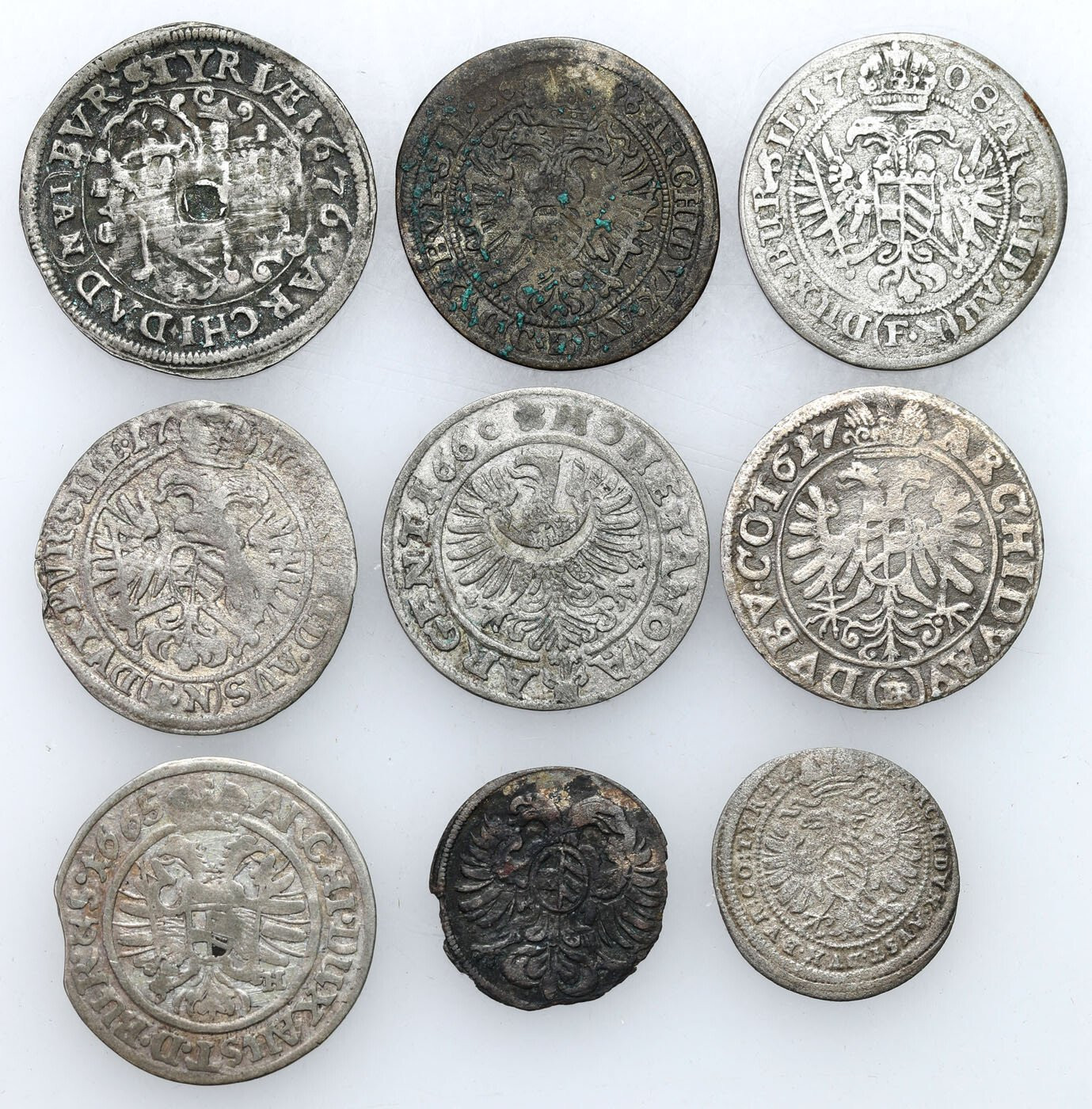 Śląsk, Austria. Greszel 1696, 1 - 3 krajcary 1617- 1708, zestaw 9 monet