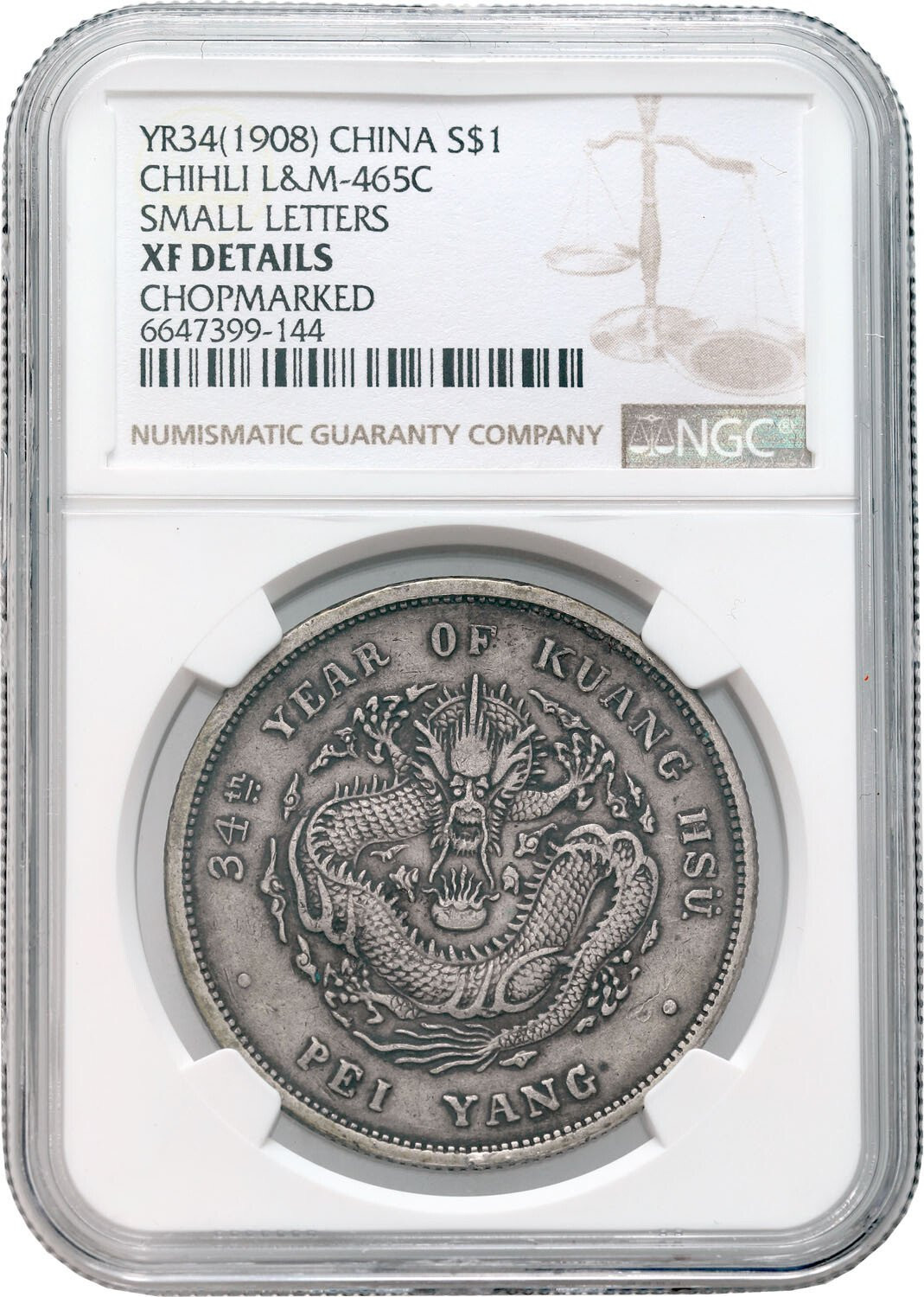 Chiny, Chihli. Dolar Yr. 34 (1908) NGC XF - RZADKI