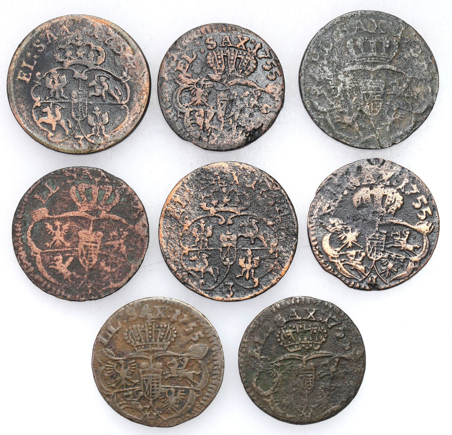 August III Sas. Grosz 1754-1755, zestaw 8 monet