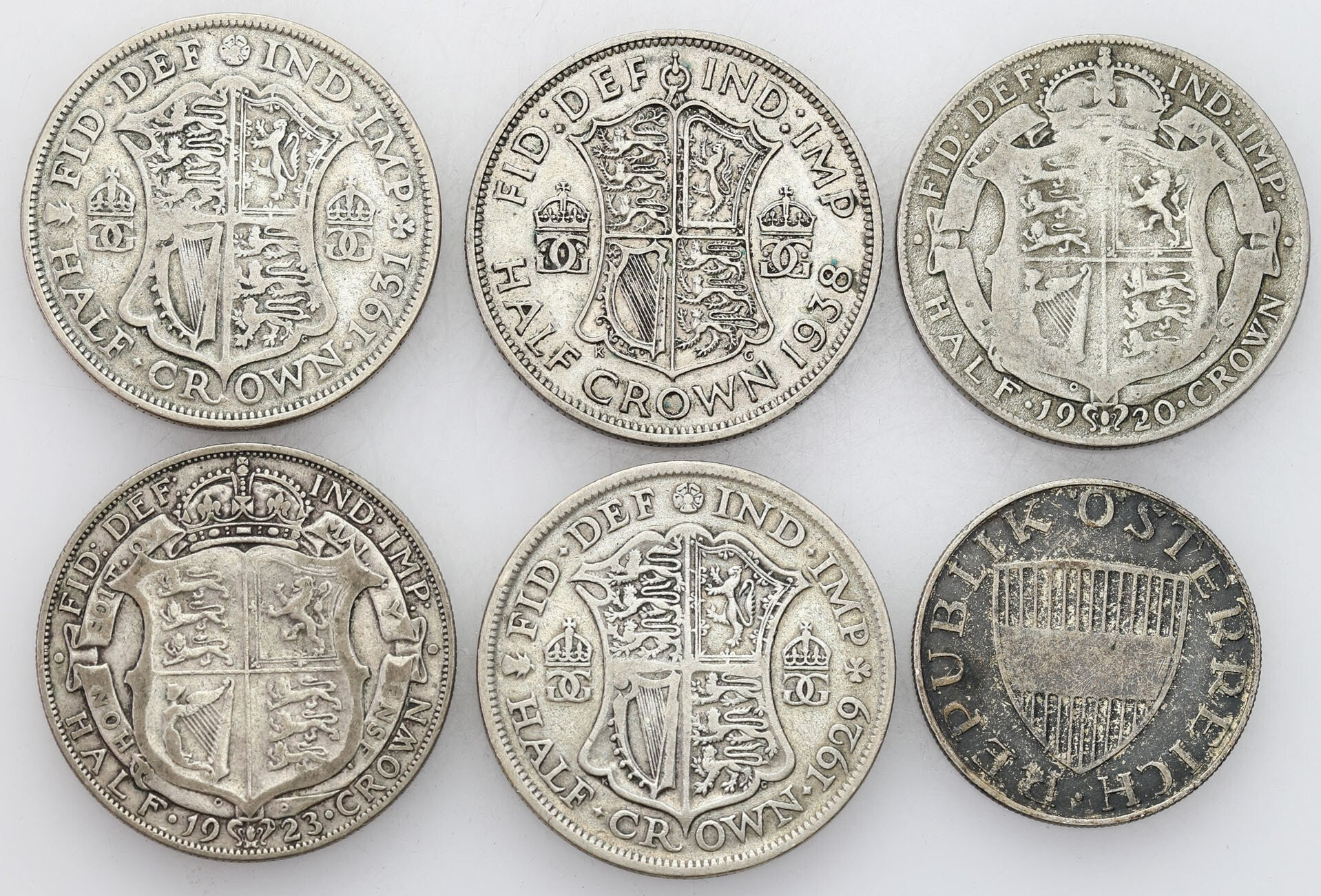 Wielka Brytania, Austria. 1/2 korony 1920-1938 i 10 szylingów 1958, zestaw 6 sztuk 