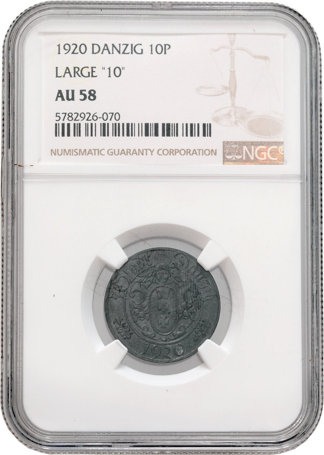 Wolne Miasto Gdańsk/Danzig. 10 fenigów 1920 duża cyfra NGC AU58 - RZADKOŚĆ