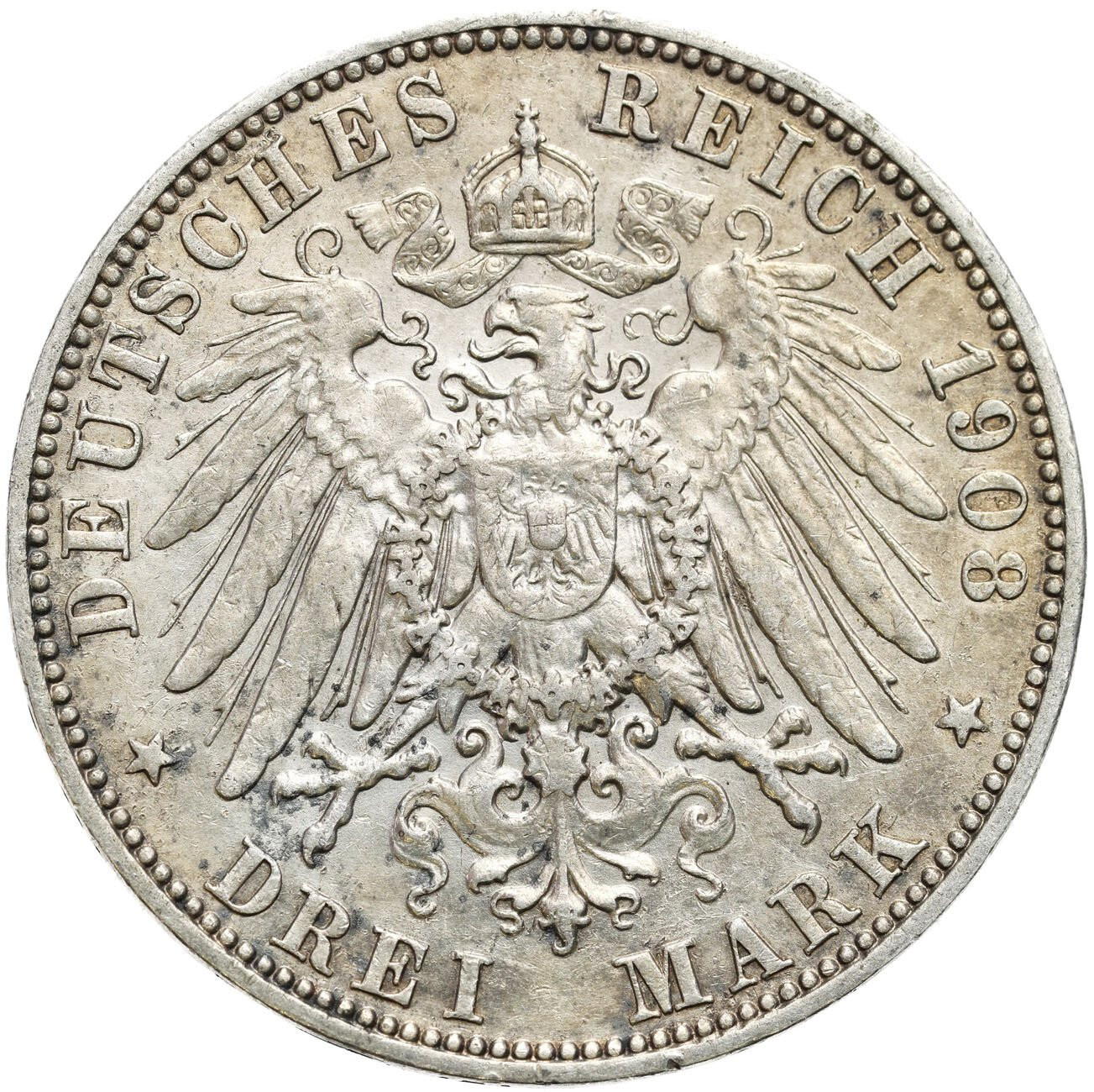 Niemcy, Saksonia. Fryderyk August III (1904–1918). 3 marki 1908 E, Muldenhütten