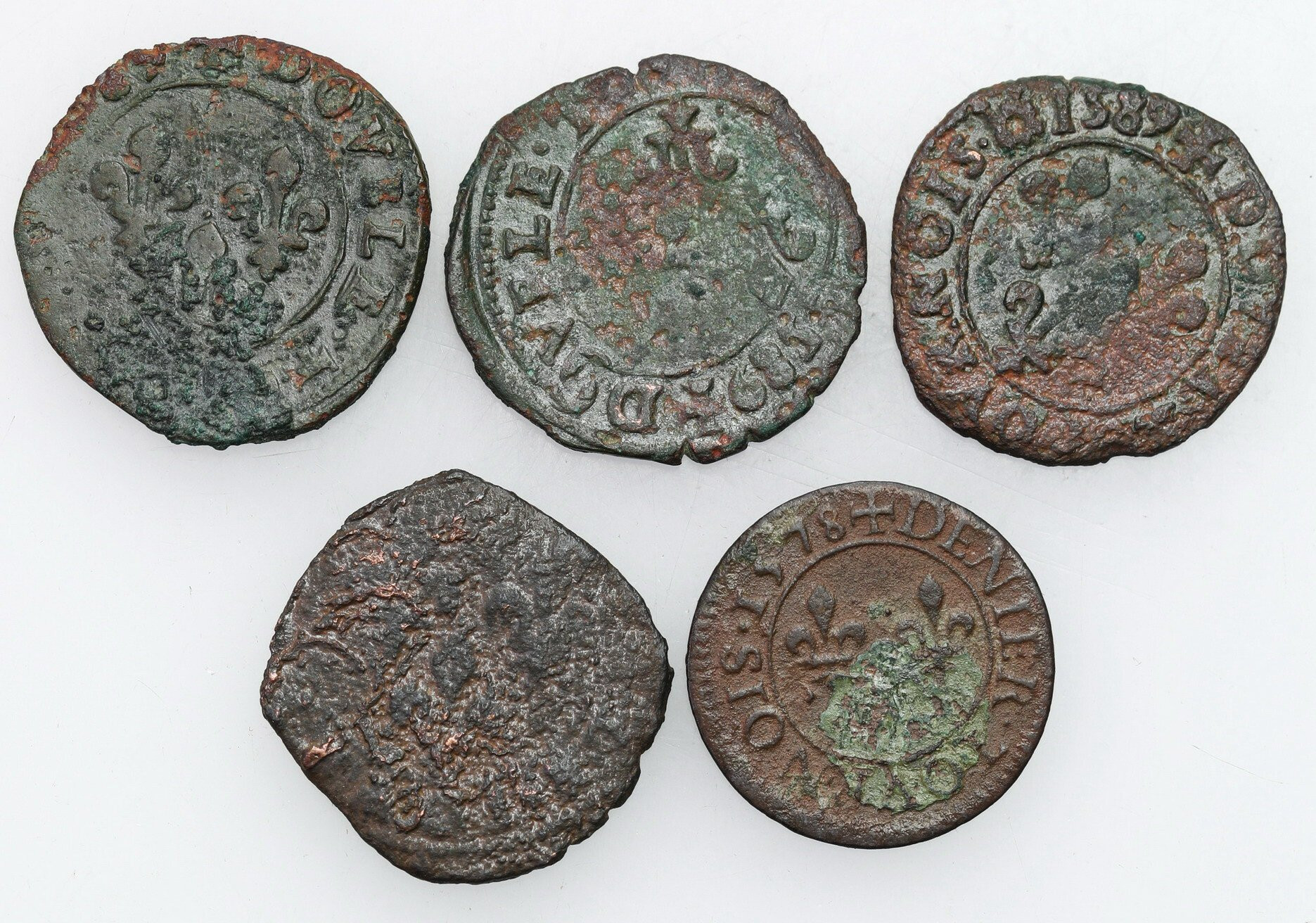 Polska, Francja. Henryk Walezy. Denar turoński 1578 i 1589, zestaw 5 monet – RZADKIE