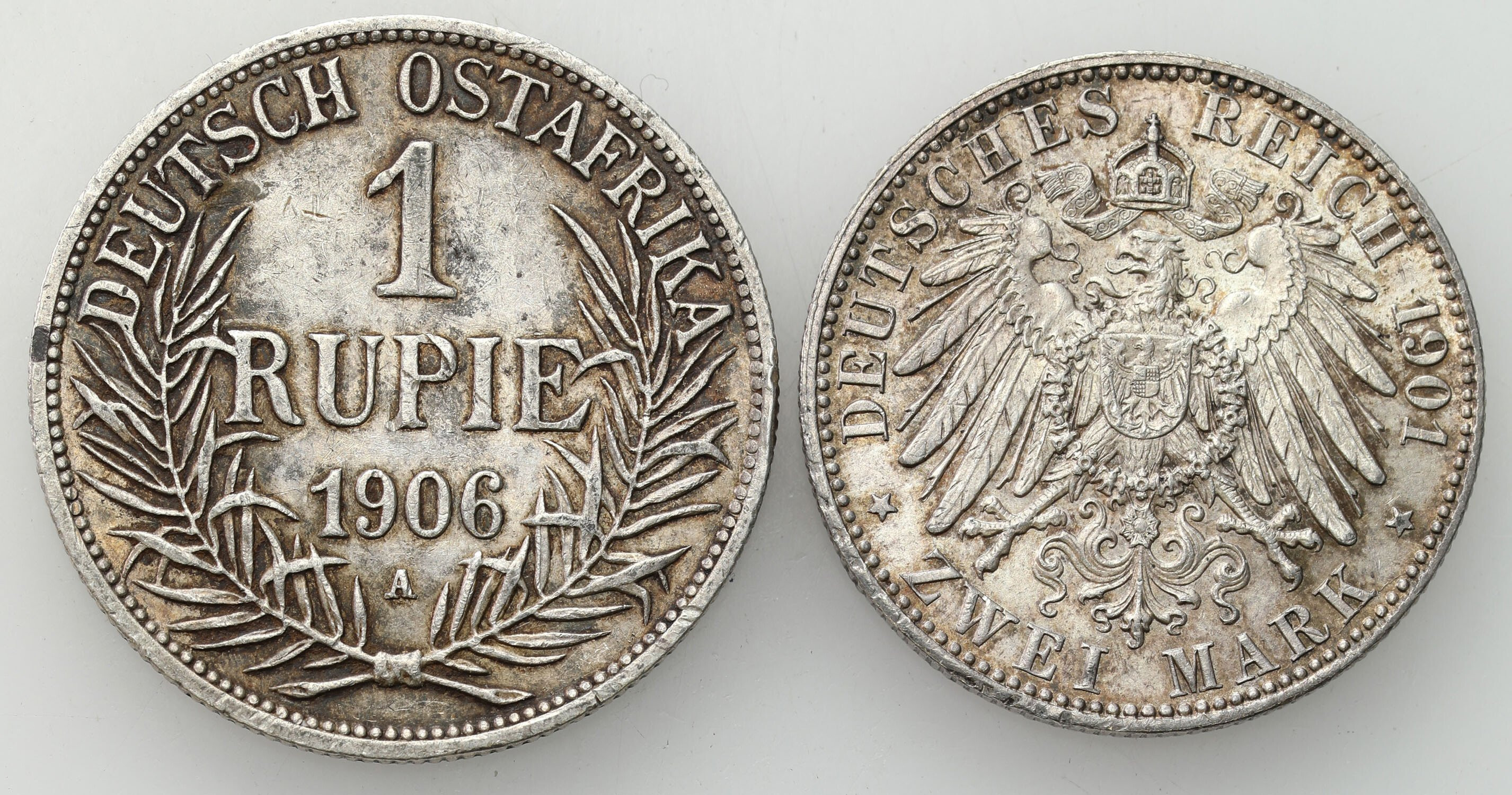 Niemcy, Prusy, Niemiecka Afryka Wschodnia. Wilhelm II. 2 marki 1901 i 1 rupia 1906, zestaw 2 sztuk