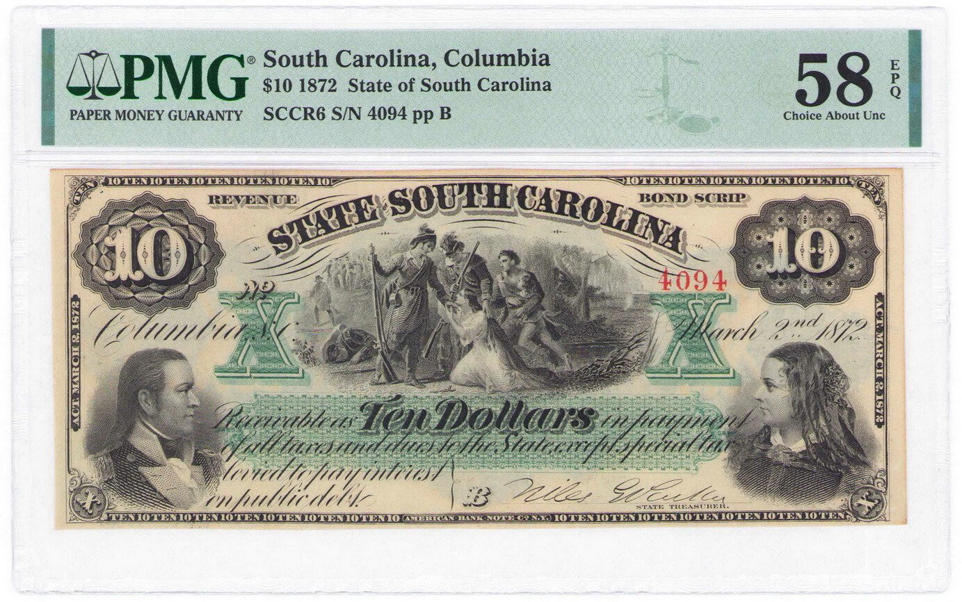 USA. South Carolina – Columbia, 10 dolarów 1872 PMG 58 EPQ - RZADKI