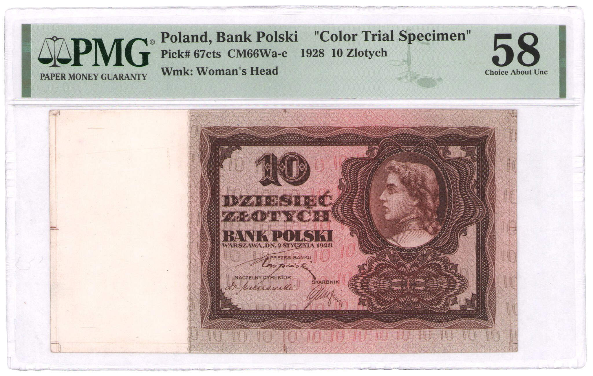 BRĄZOWA próba kolorystyczna 10 złotych 1928 PMG 58 - RZADKOŚĆ