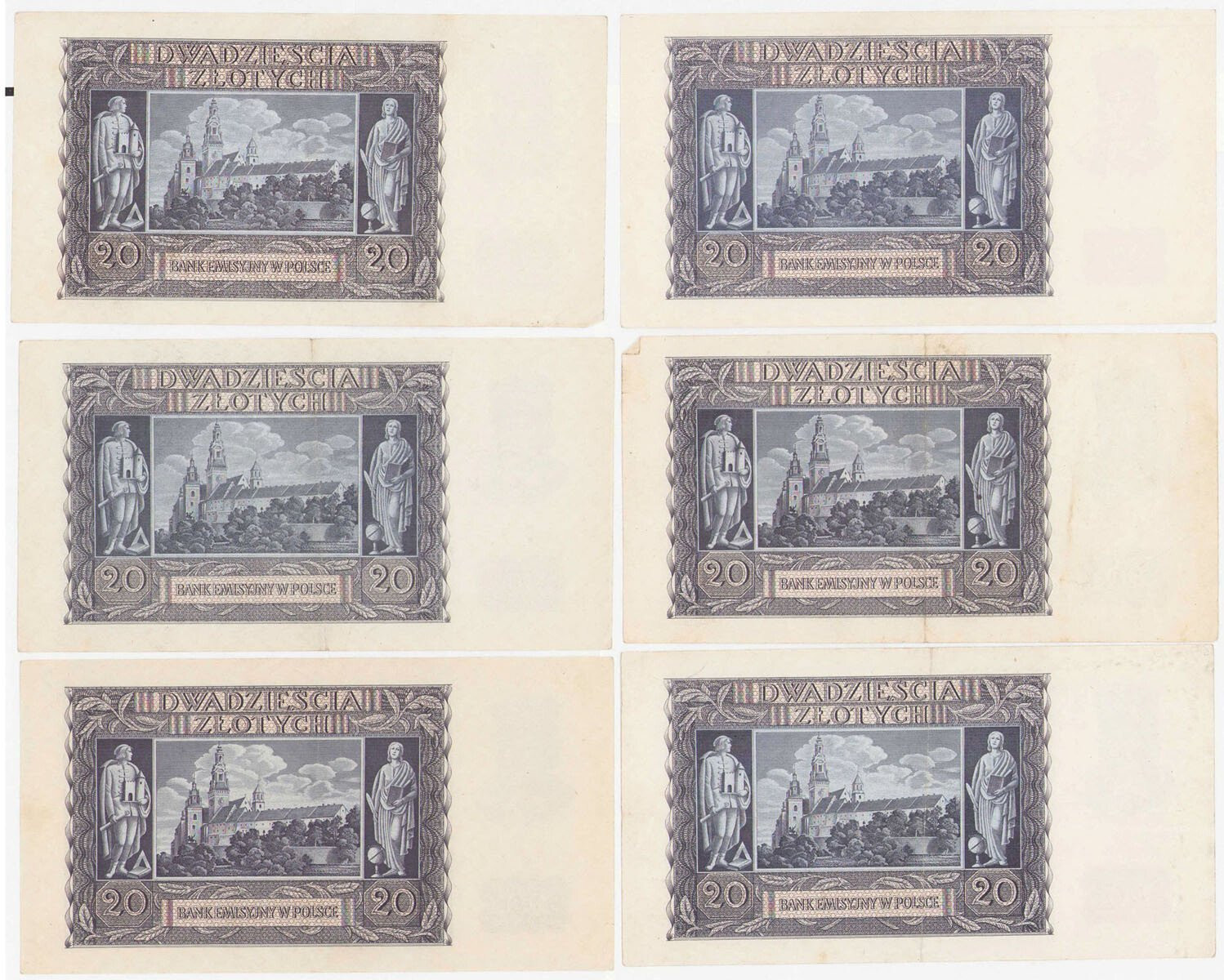 20 złotych 1940 różne serie, zestaw 6 banknotów 