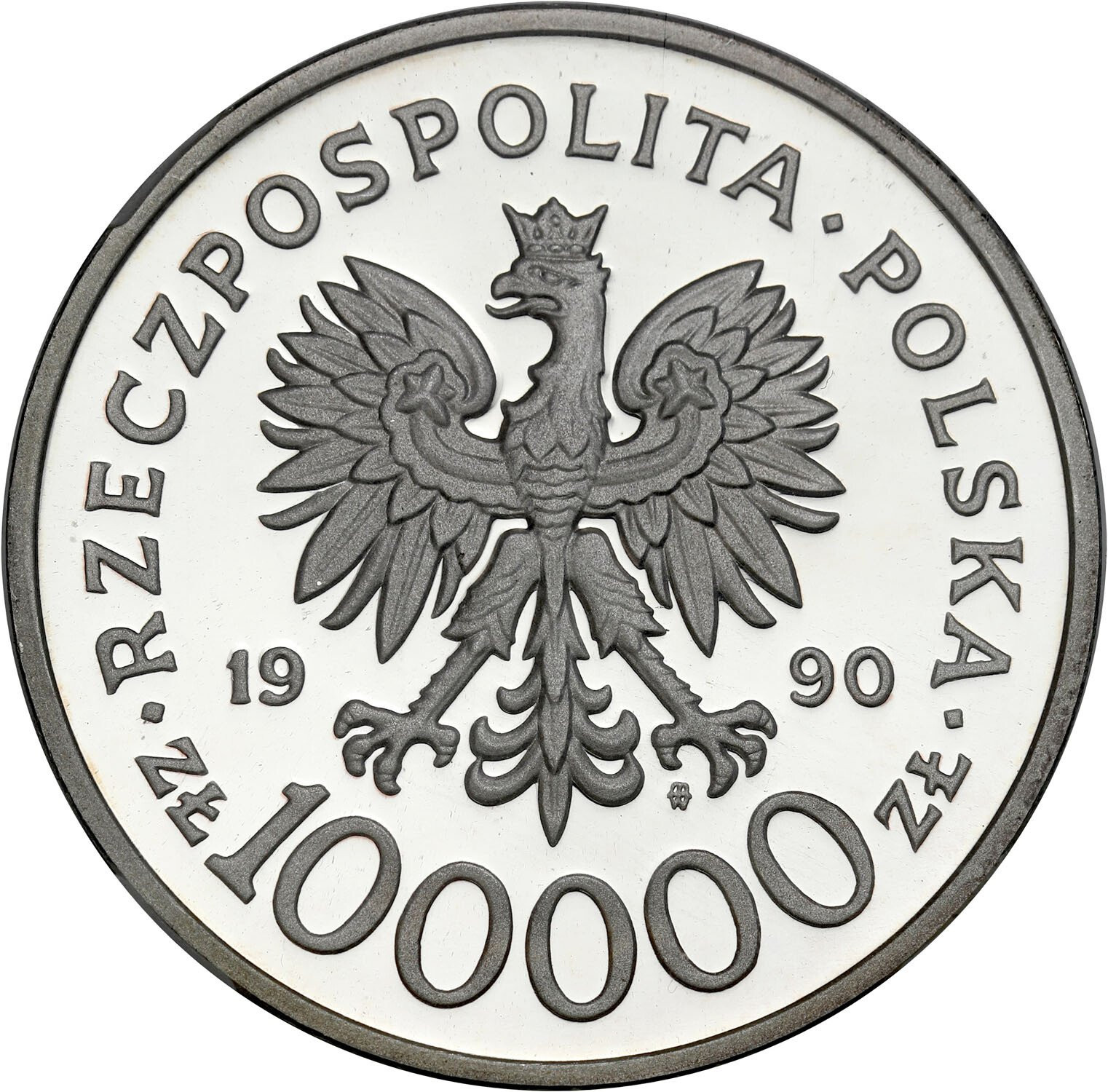 III RP. 100.000 złotych 1990 Solidarność gruba 32 mm NGC PF68 ULTRA CAMEO