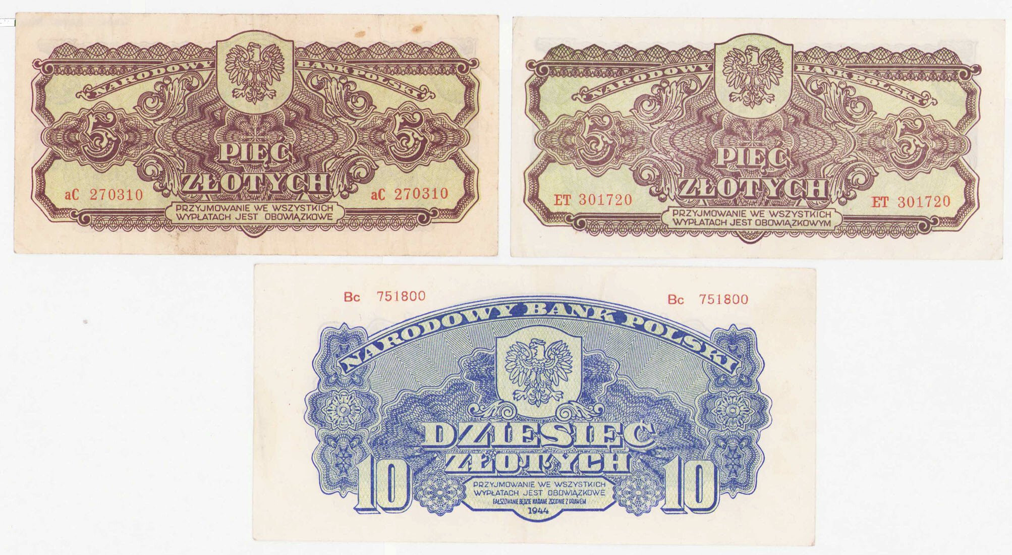 5 - 10 złotych 1944, zestaw 2 banknotów